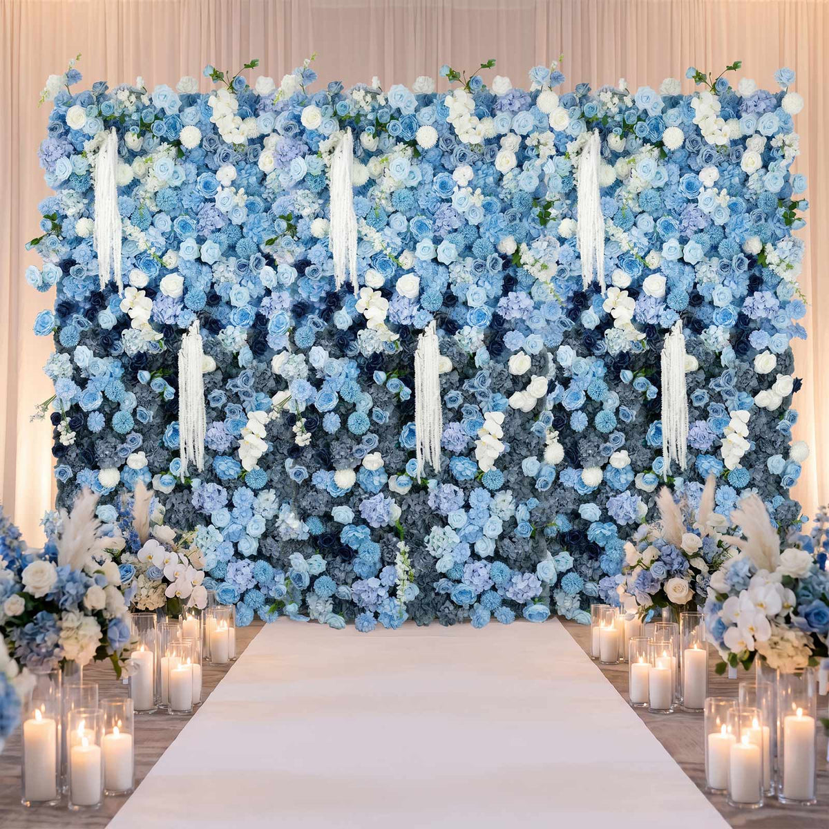 8ft x 4ft Roll Up Flower Wall Panel Backdrop - Mixed Blue & White Silk Roses, Hydrangeas & Chrysanth