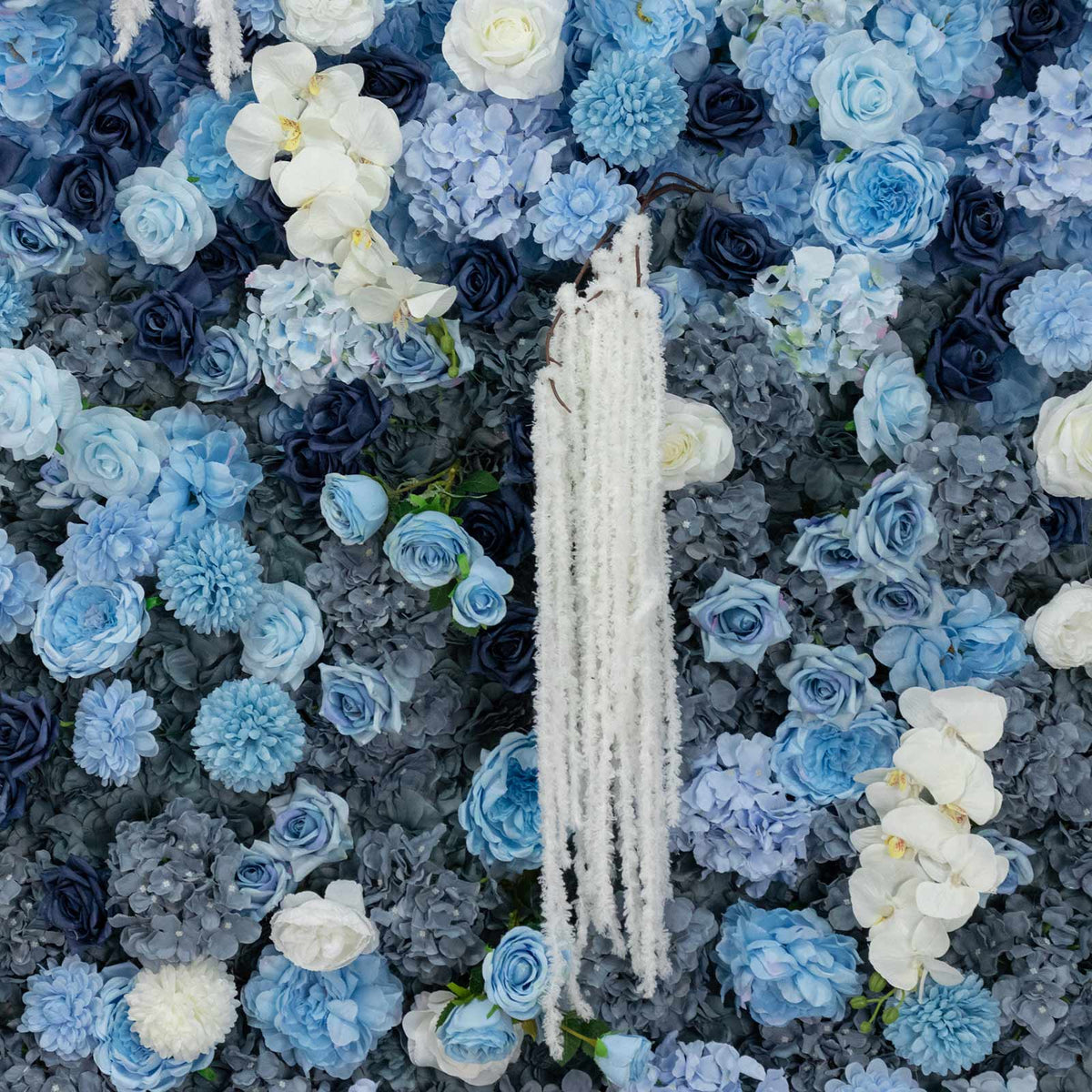 8ft x 4ft Roll Up Flower Wall Panel Backdrop - Mixed Blue & White Silk Roses, Hydrangeas & Chrysanth