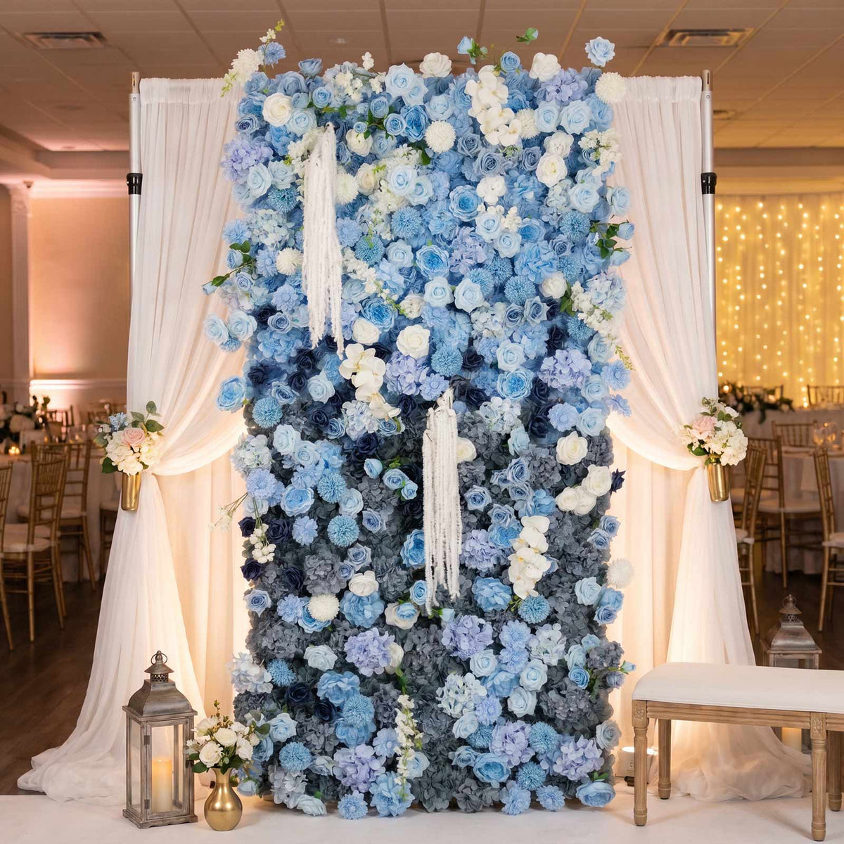 8ft x 4ft Roll Up Flower Wall Panel Backdrop - Mixed Blue & White Silk Roses, Hydrangeas & Chrysanth
