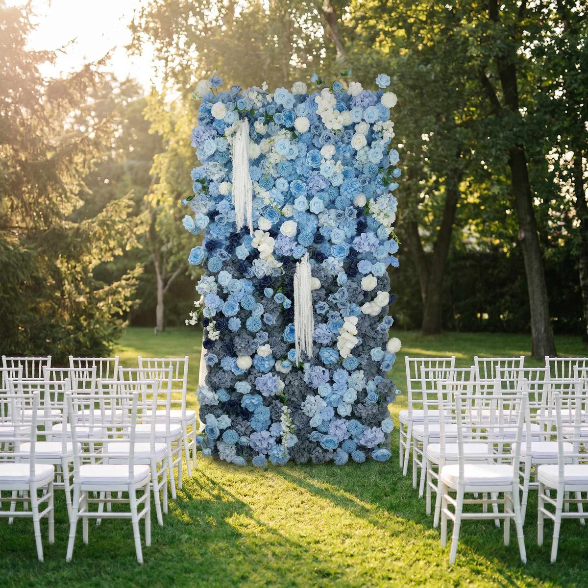 8ft x 4ft Roll Up Flower Wall Panel Backdrop - Mixed Blue & White Silk Roses, Hydrangeas & Chrysanth