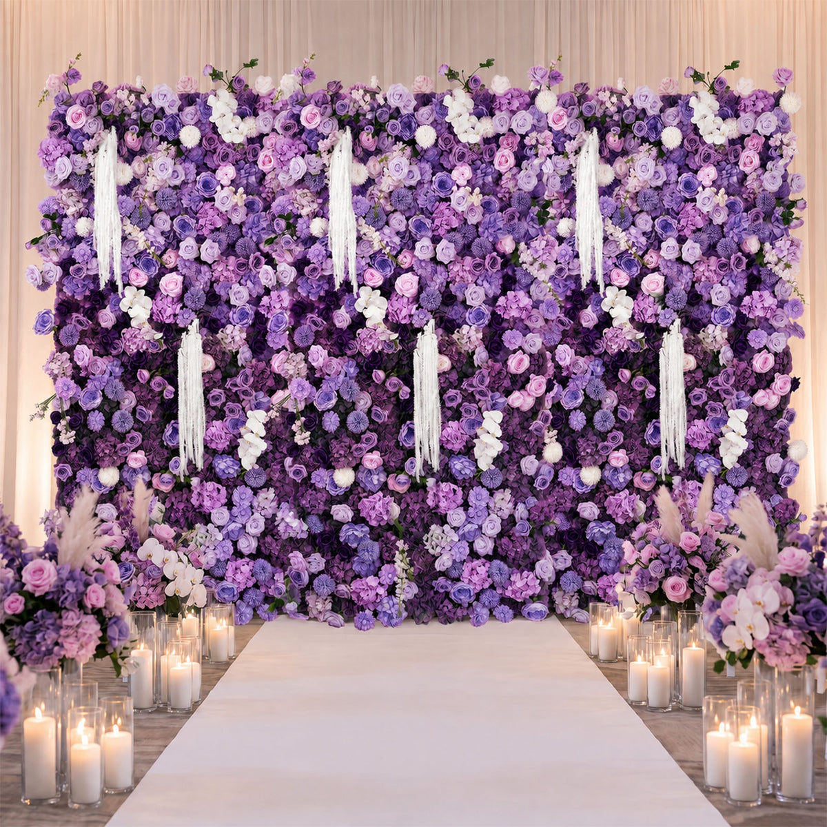 8ft x 4ft Roll Up Flower Wall Panel Backdrop - Mixed Lavender Lilac Silk Roses, Hydrangeas & Chrysan