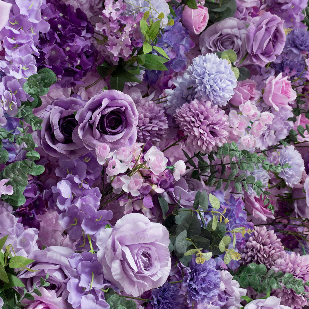 8ft x 4ft Roll Up Flower Wall Panel Backdrop - Mixed Lavender Lilac Silk Roses, Hydrangeas & Chrysan