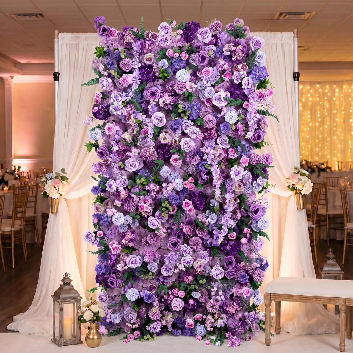8ft x 4ft Roll Up Flower Wall Panel Backdrop - Mixed Lavender Lilac Silk Roses, Hydrangeas & Chrysan