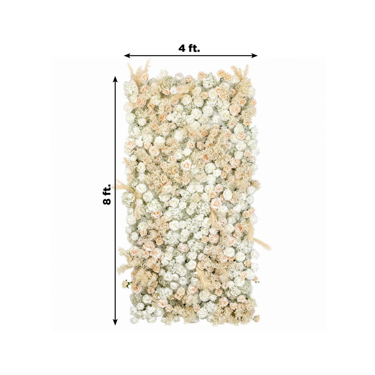 8ft x 4ft Roll Up Flower Wall Panel Backdrop - Mixed White & Blush Silk Roses, Hydrangeas, Pampas Gr