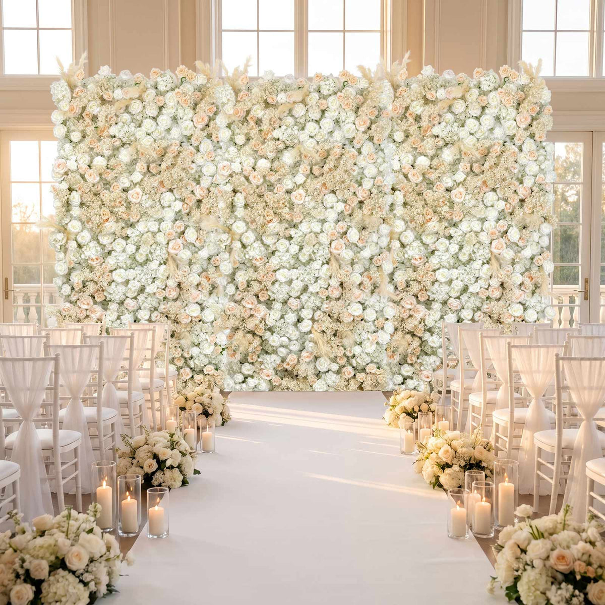 8ft x 4ft Roll Up Flower Wall Panel Backdrop - Mixed White & Blush Silk Roses, Hydrangeas, Pampas Gr