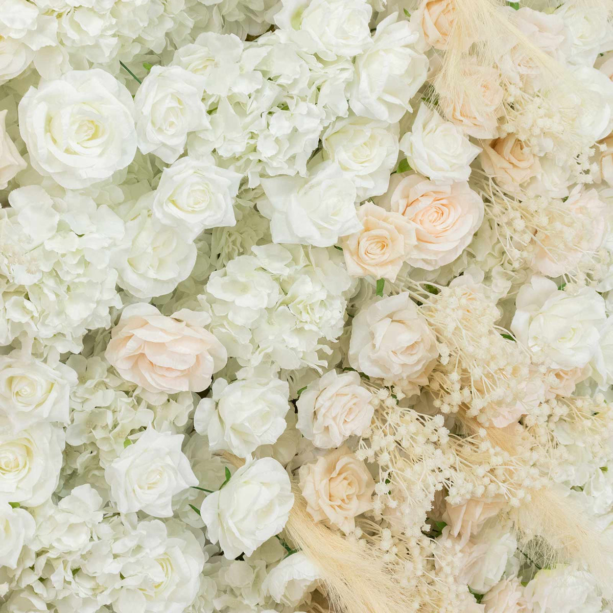 8ft x 4ft Roll Up Flower Wall Panel Backdrop - Mixed White & Blush Silk Roses, Hydrangeas, Pampas Gr