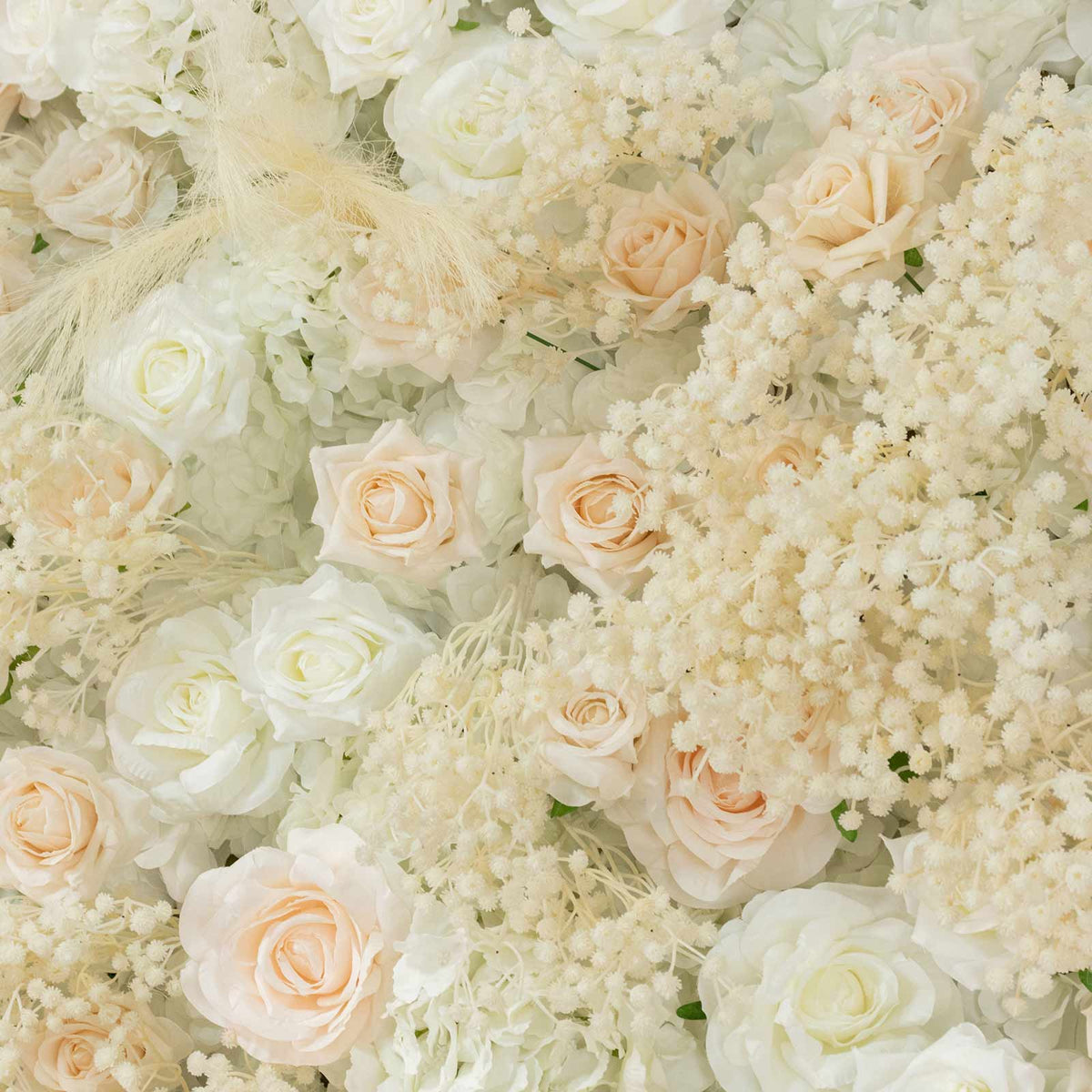 8ft x 4ft Roll Up Flower Wall Panel Backdrop - Mixed White & Blush Silk Roses, Hydrangeas, Pampas Gr