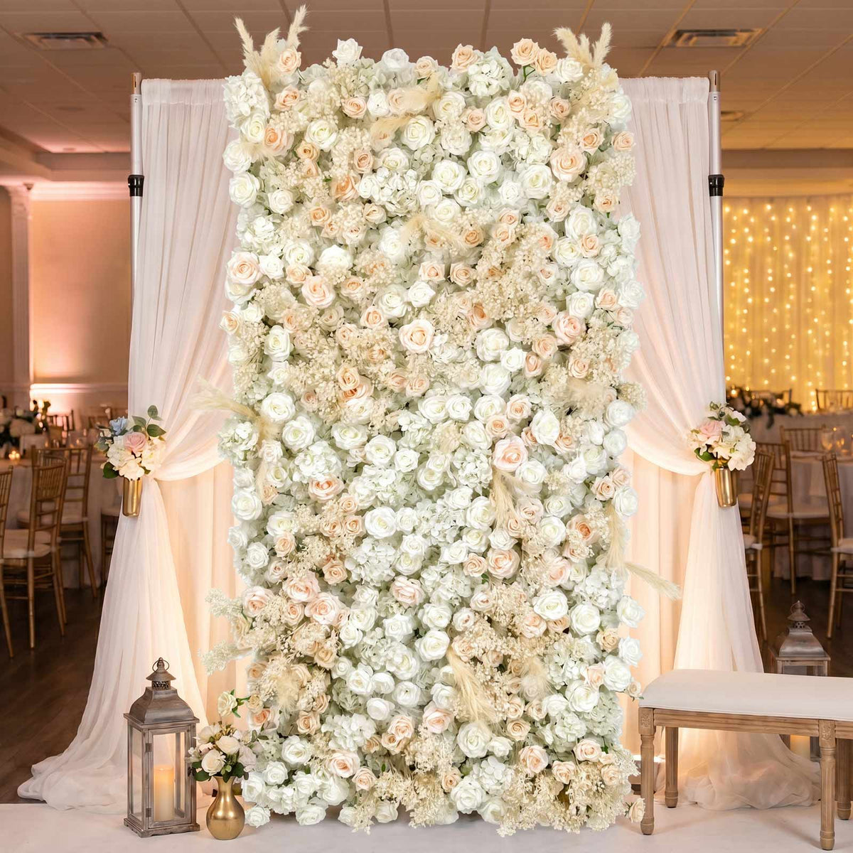 8ft x 4ft Roll Up Flower Wall Panel Backdrop - Mixed White & Blush Silk Roses, Hydrangeas, Pampas Gr
