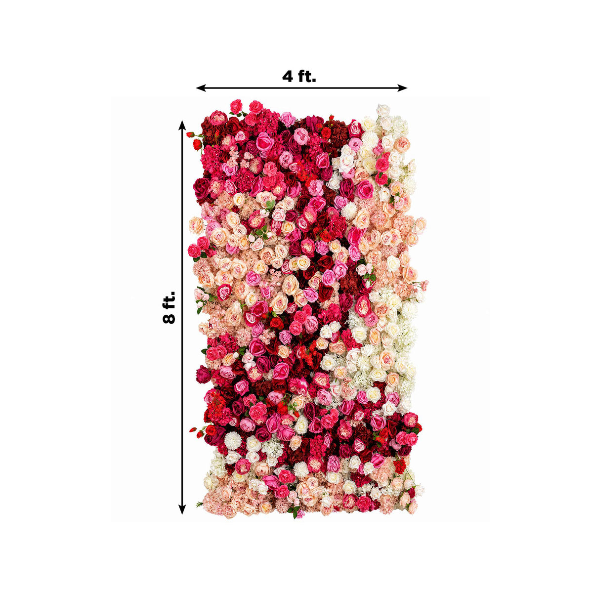 8ft x 4ft Roll Up Flower Wall Panel Backdrop - Mixed White, Pink & Red Silk Roses, Hydrangeas & Peon