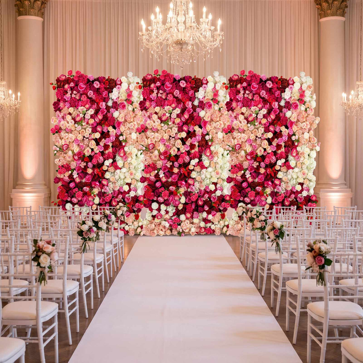 8ft x 4ft Roll Up Flower Wall Panel Backdrop - Mixed White, Pink & Red Silk Roses, Hydrangeas & Peon