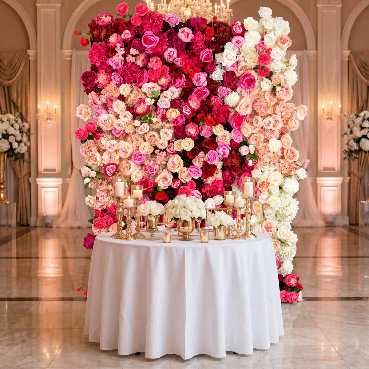 8ft x 4ft Roll Up Flower Wall Panel Backdrop - Mixed White, Pink & Red Silk Roses, Hydrangeas & Peon