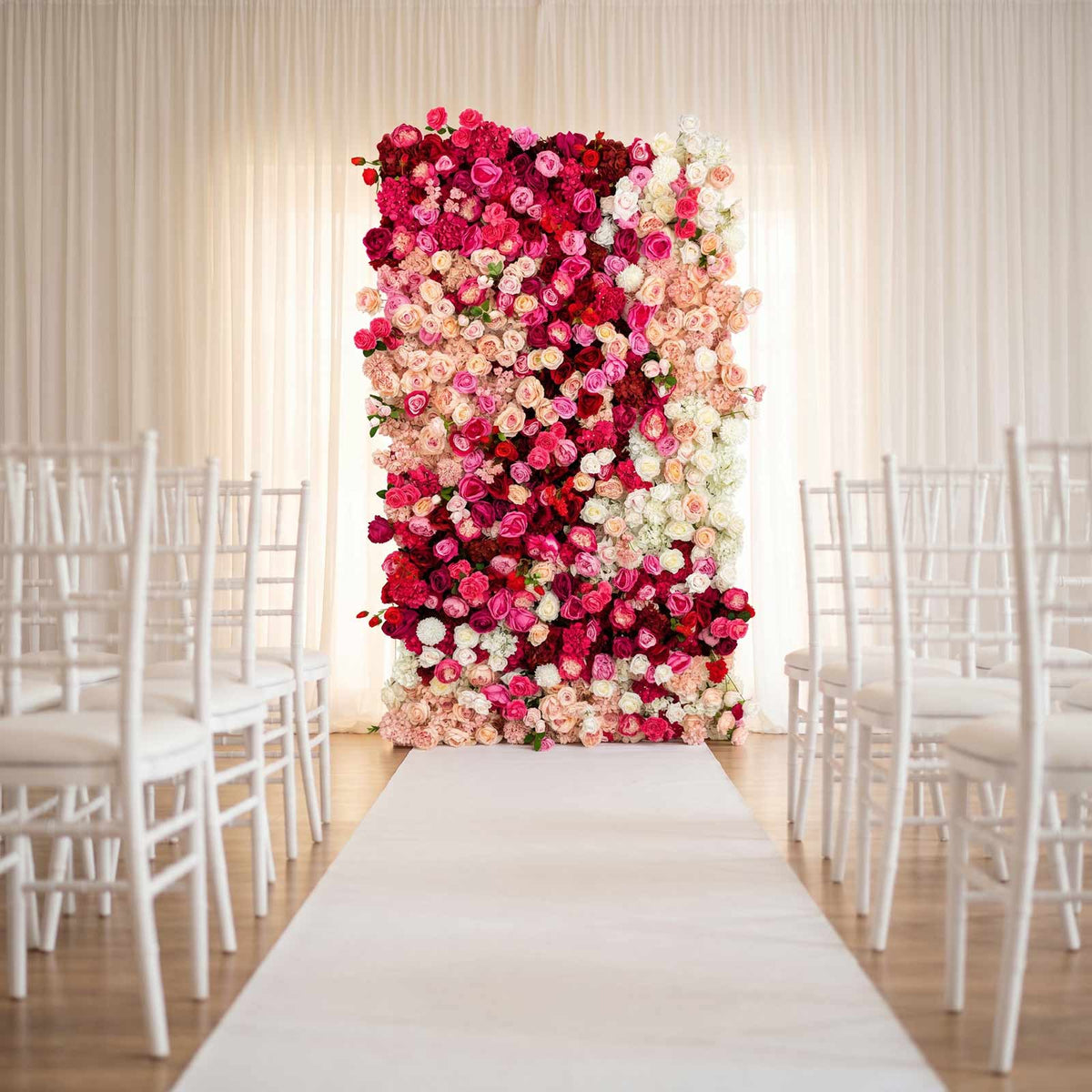 8ft x 4ft Roll Up Flower Wall Panel Backdrop - Mixed White, Pink & Red Silk Roses, Hydrangeas & Peon