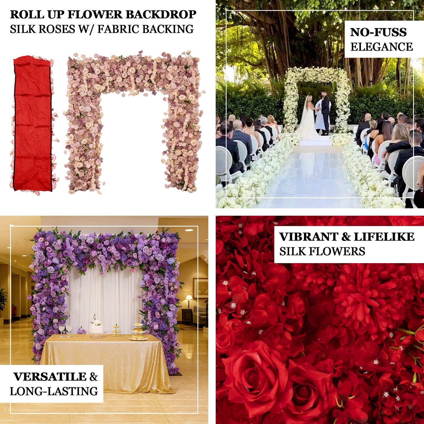 White roll up artificial flower backdrop with silk roses and baby's breath for weddings.