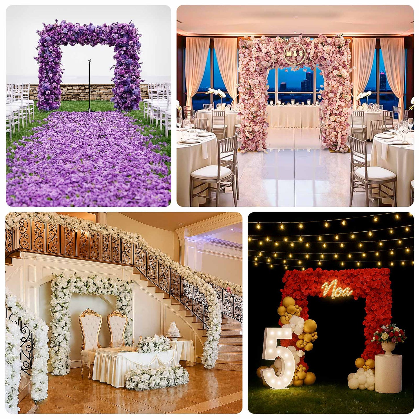 White flower backdrop for wedding arch with silk roses and baby's breath.