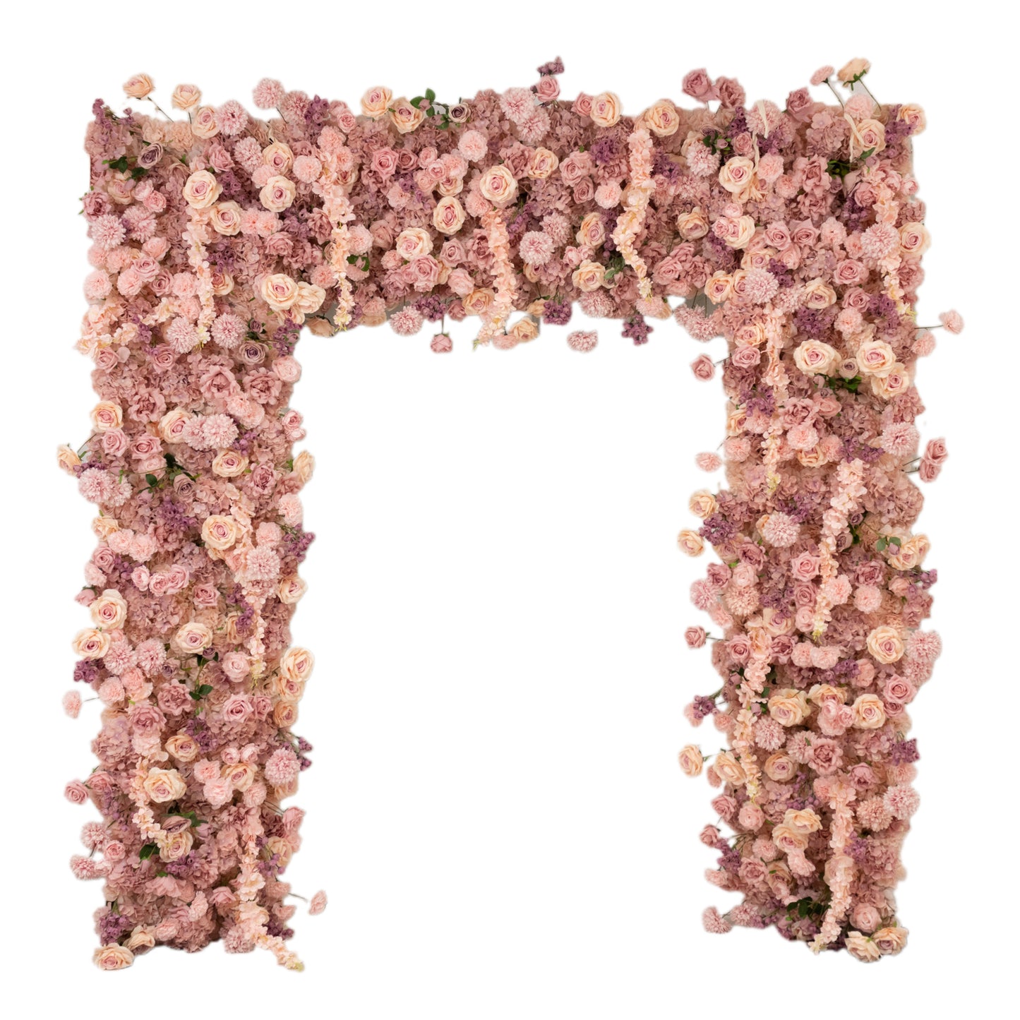 Dusty rose flower backdrop with artificial silk roses and hydrangeas.