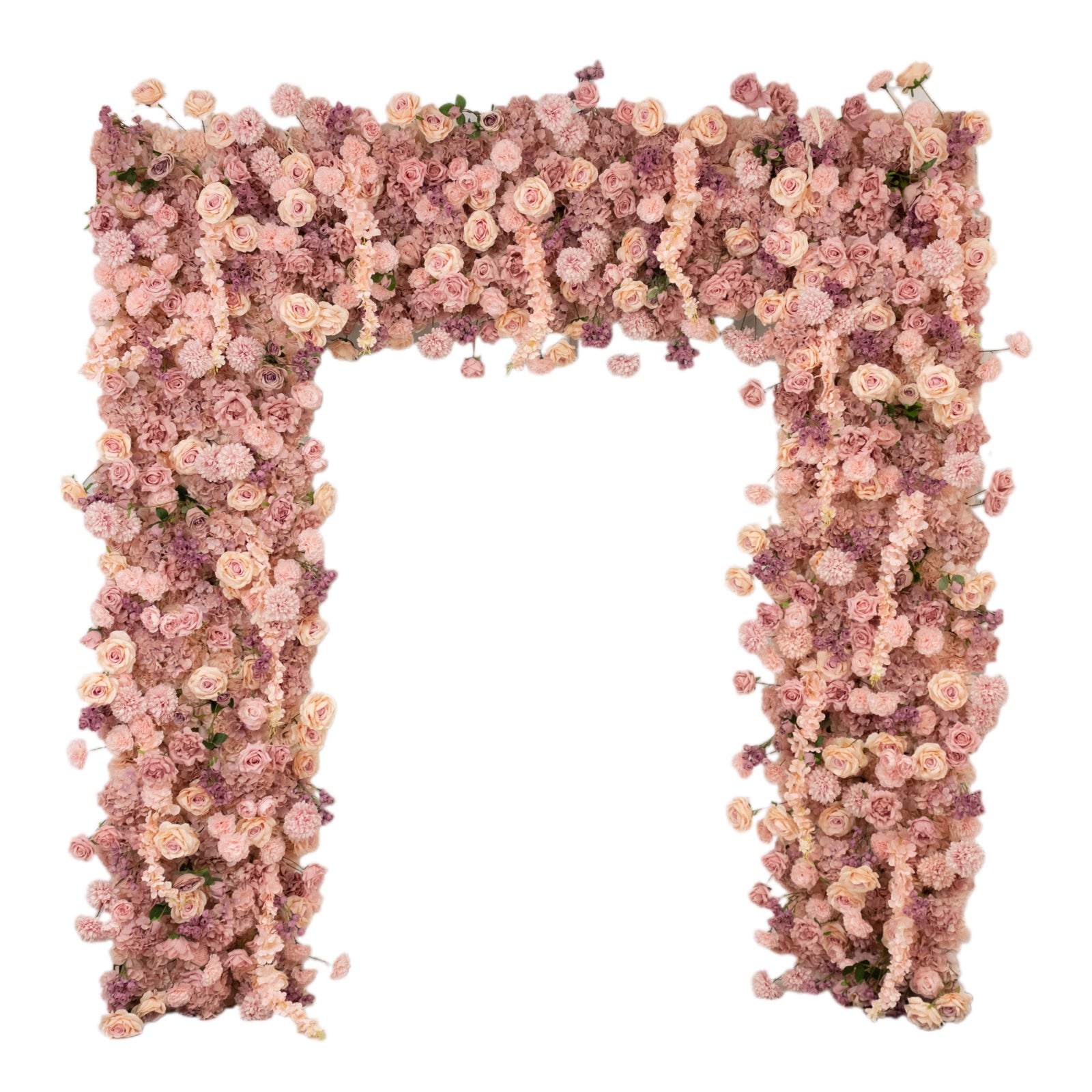 Dusty rose flower backdrop with artificial silk roses and hydrangeas.