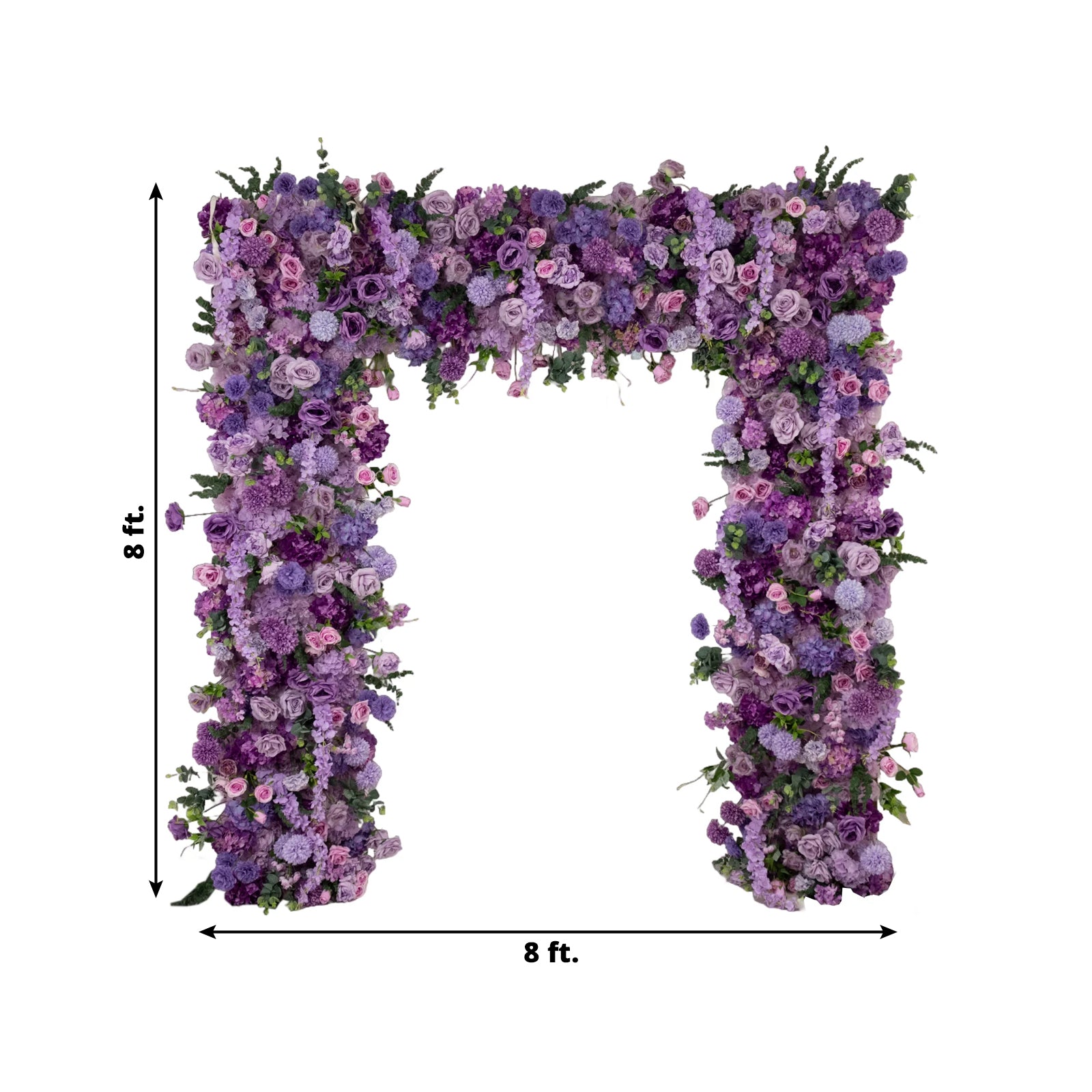 Lavender flower backdrop with artificial roses and hydrangeas for weddings.