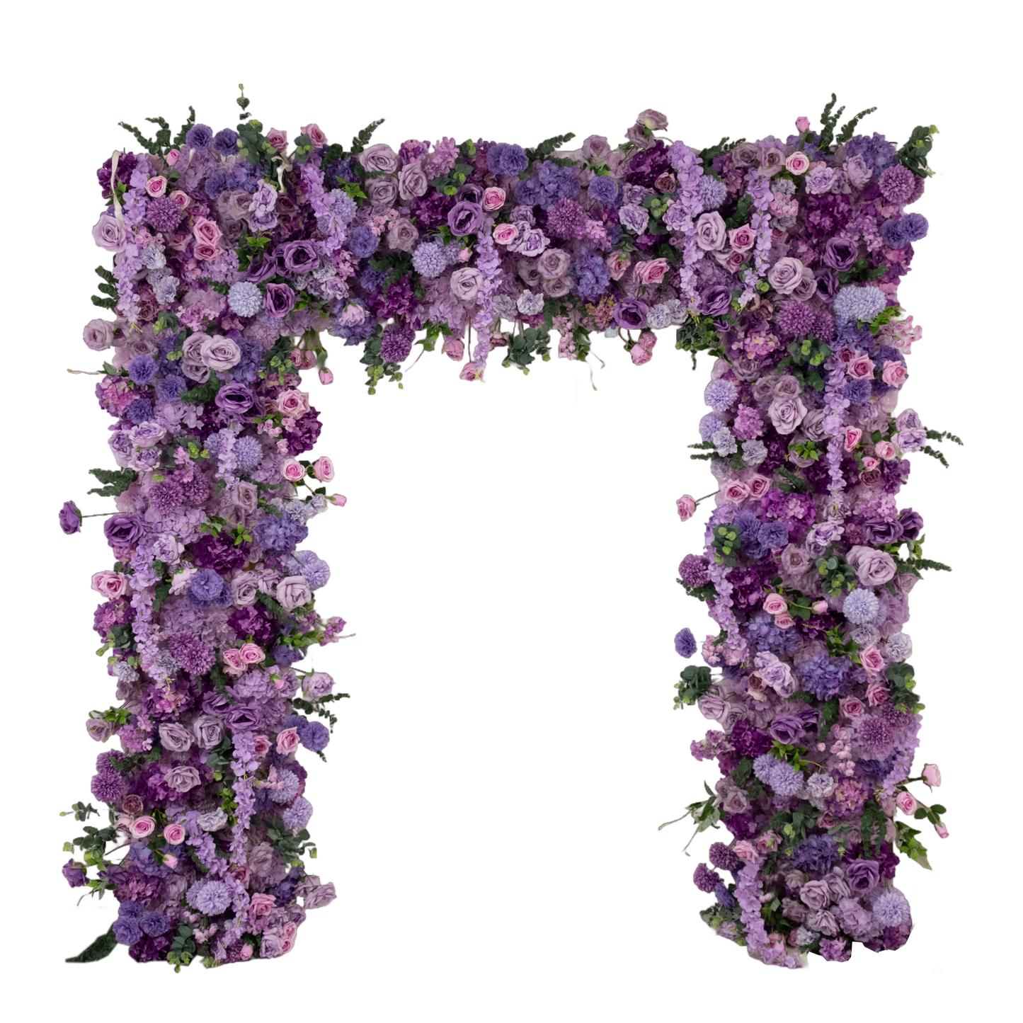 Lavender floral backdrop with artificial silk roses and hydrangeas for weddings.
