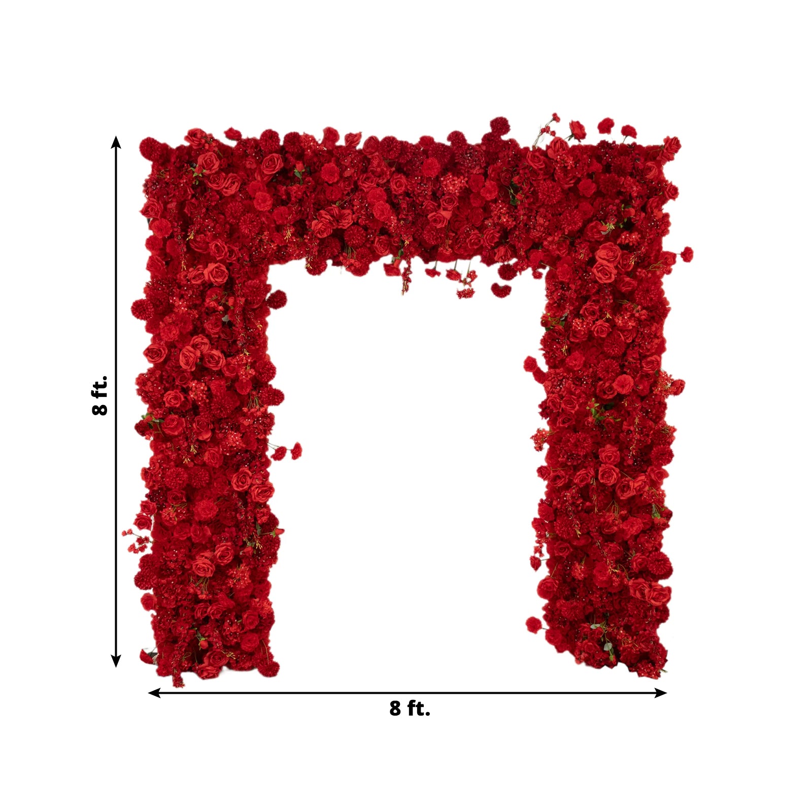 Red floral backdrop with artificial roses and hydrangeas for events.