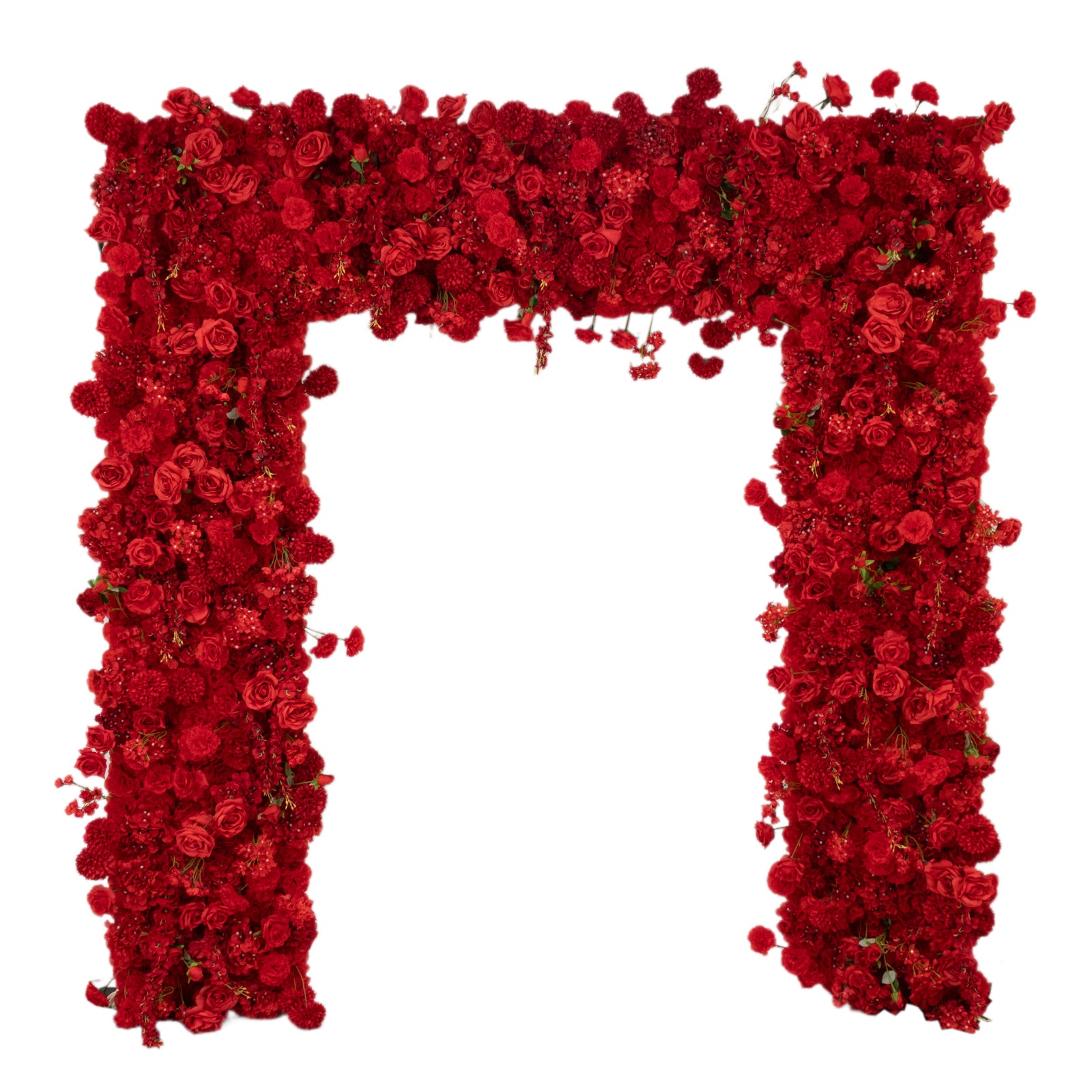 Red floral backdrop for weddings with artificial silk roses and hydrangeas.