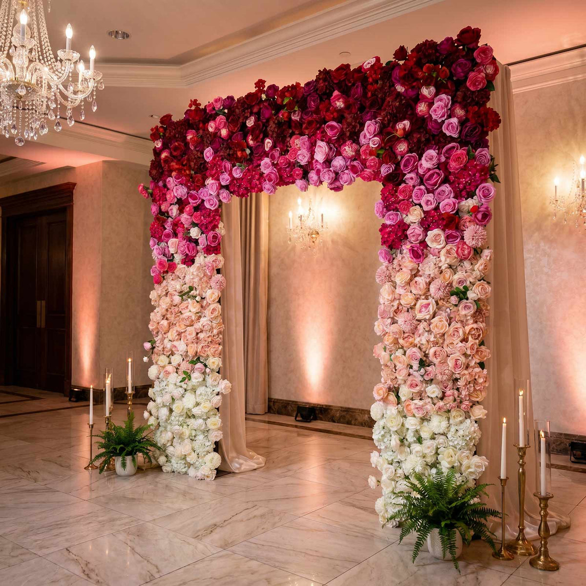 8ftx8ft Roll Up Flower Backdrop for Arch Stand, White Pink with Fabric Backing - Artificial Silk Ros
