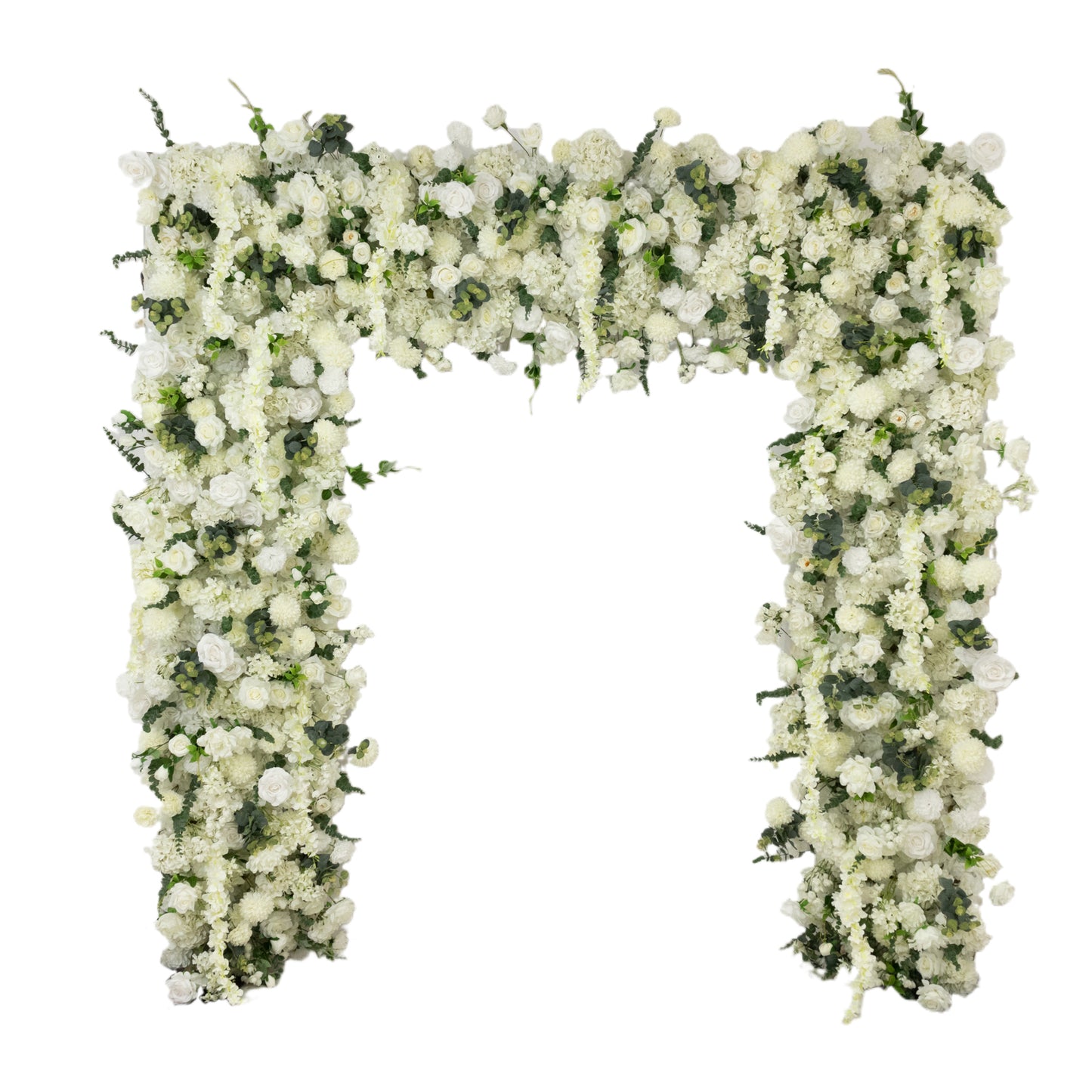 White flower backdrop with artificial silk roses and hydrangeas for weddings.