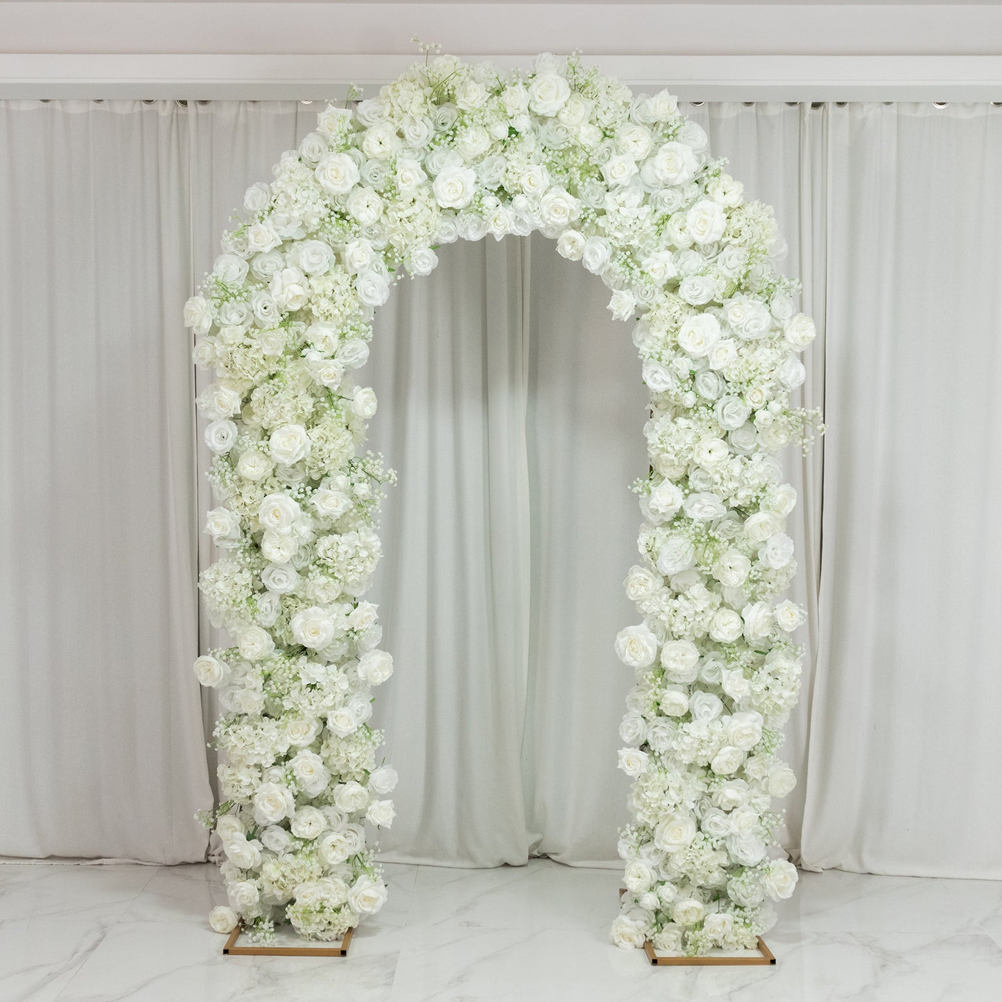 Artificial Flower Arch Backdrop White 4ft x 8ft Silk Roses & Baby's Breath for Round Top Double Arch
