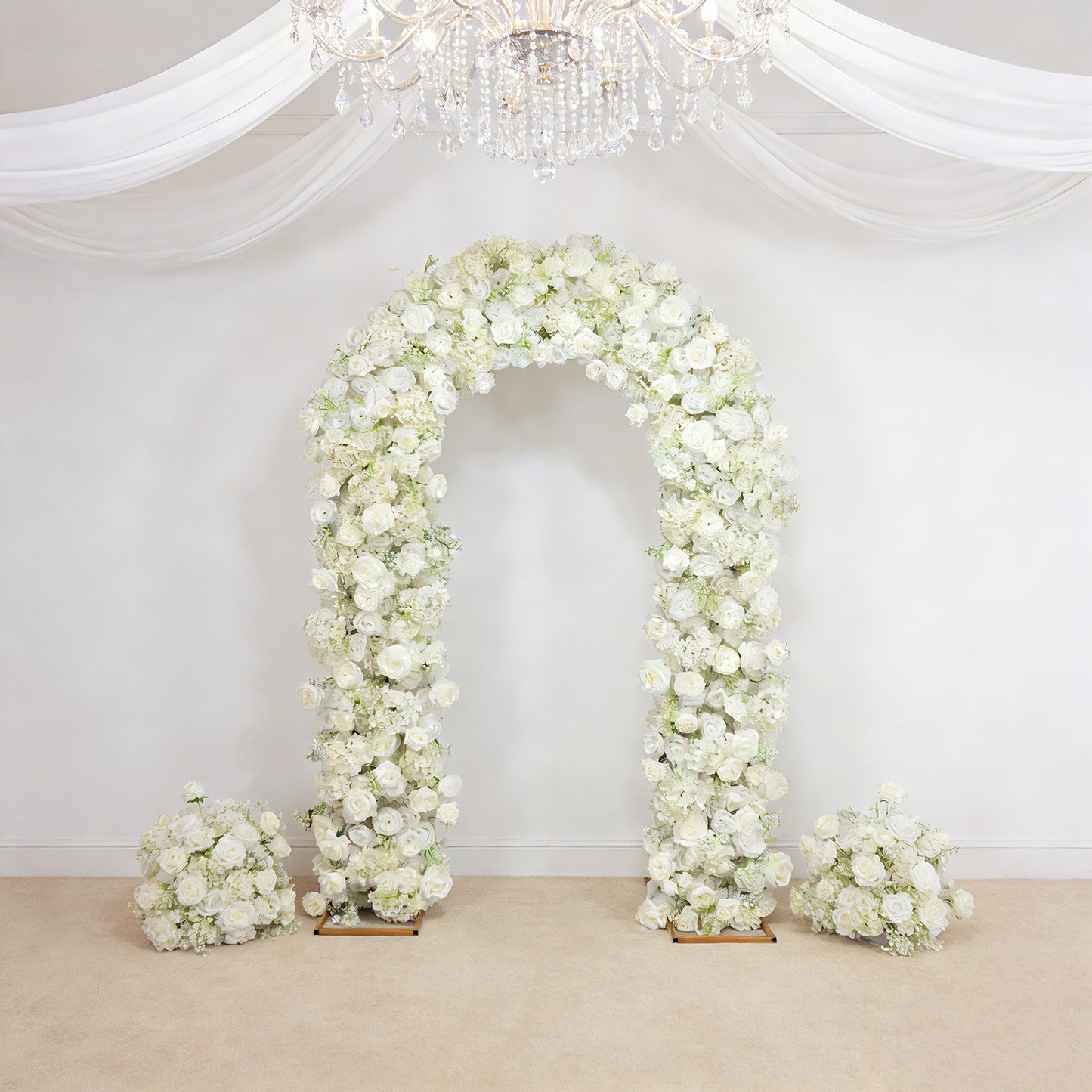 Artificial Flower Arch Backdrop White 4ft x 8ft Silk Roses & Baby's Breath for Round Top Double Arch