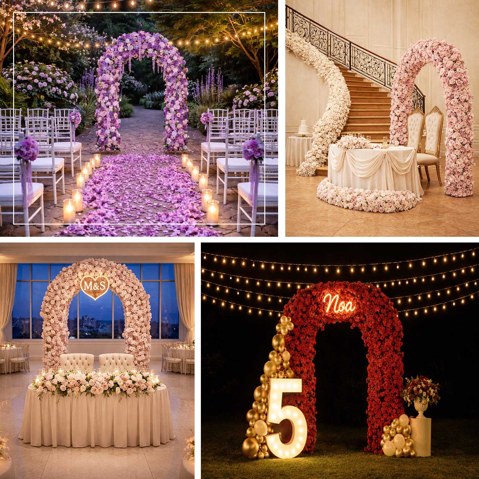 Faux flower arch styled for weddings, sweetheart tables, birthdays, and celebration backdrops