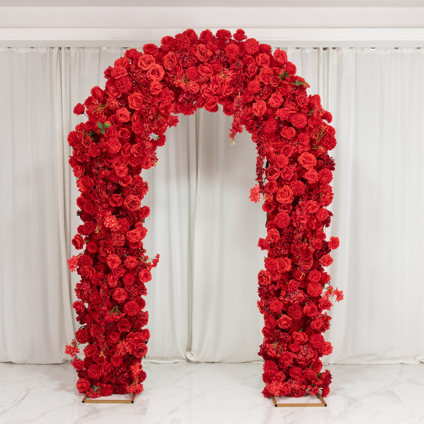 Artificial Flower Arch Backdrop Red 4ft x 8ft Silk Roses, Hydrangeas & Chrysanthemums for Round Top 