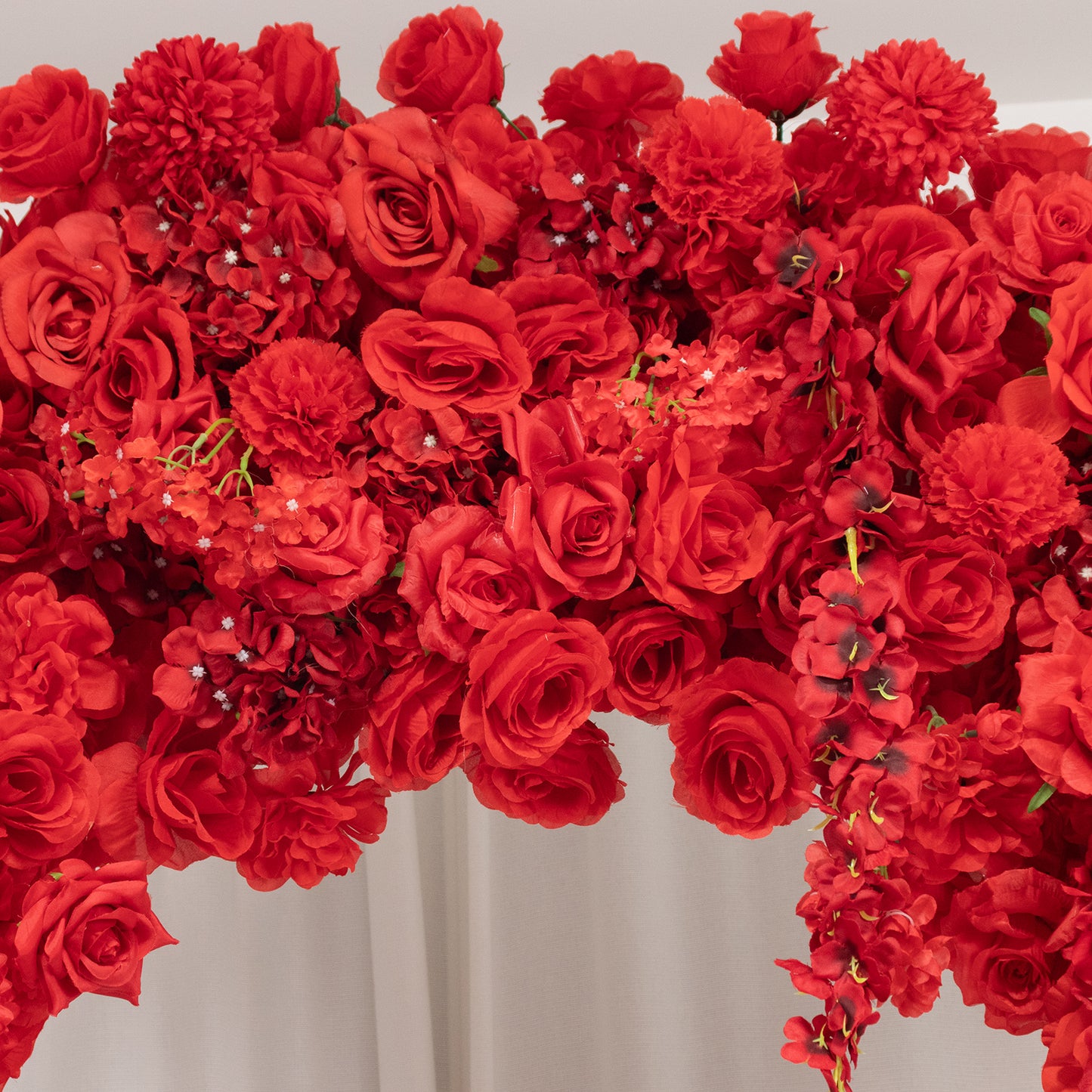 Artificial Flower Arch Backdrop Red 4ft x 8ft Silk Roses, Hydrangeas & Chrysanthemums for Round Top 