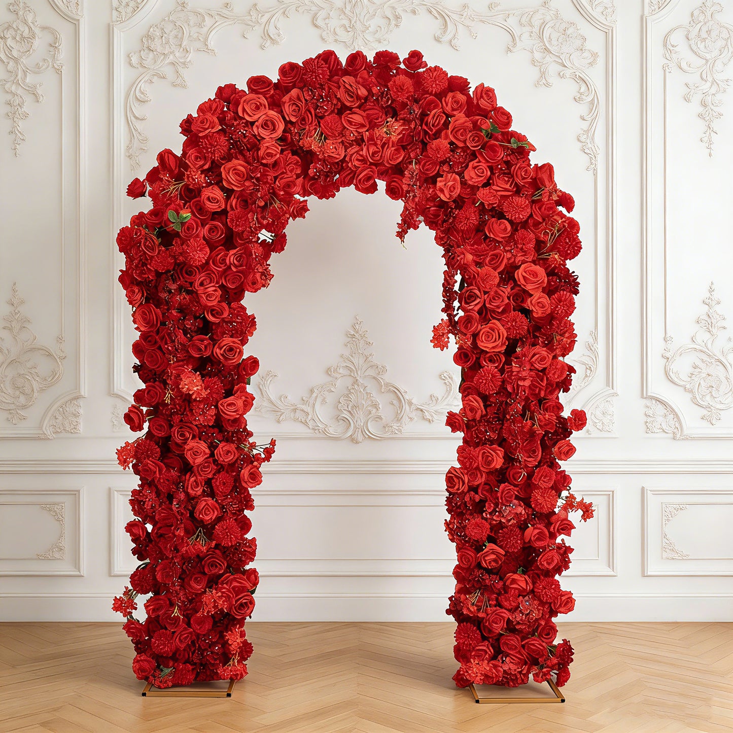 Artificial Flower Arch Backdrop Red 4ft x 8ft Silk Roses, Hydrangeas & Chrysanthemums for Round Top 