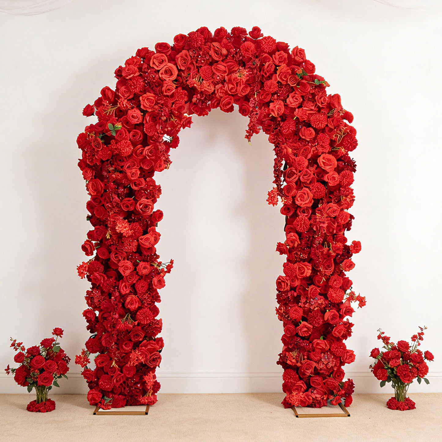 Artificial Flower Arch Backdrop Red 4ft x 8ft Silk Roses, Hydrangeas & Chrysanthemums for Round Top 