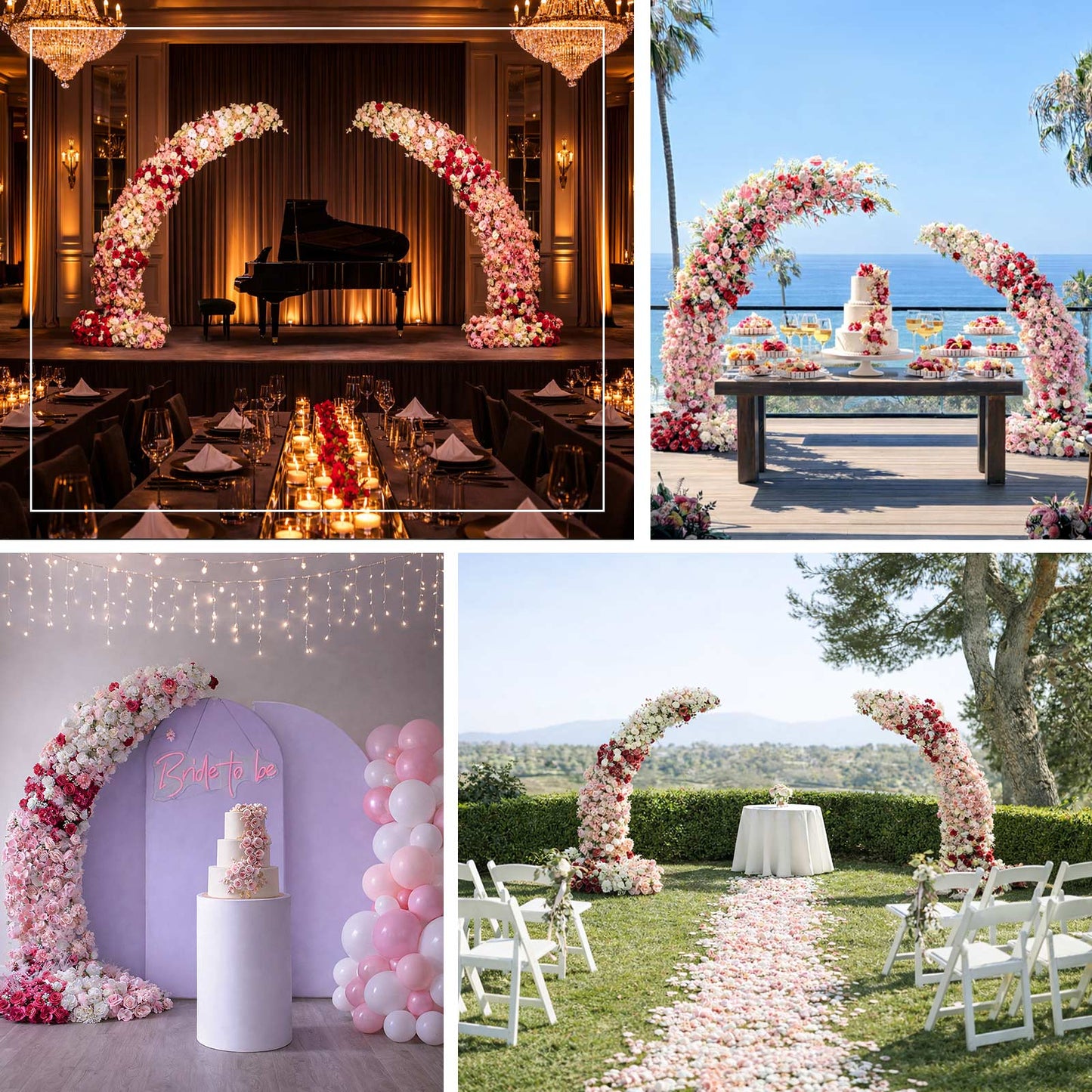 Dusty rose floral backdrop for 8ft half crescent wedding arch with roses and hydrangeas.
