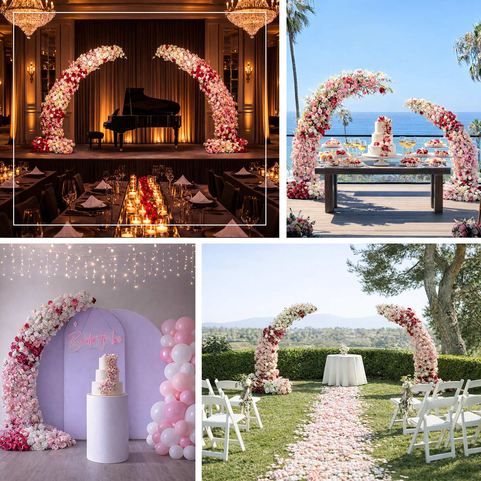 Lavender lilac floral backdrop for wedding arch with roses and hydrangeas.