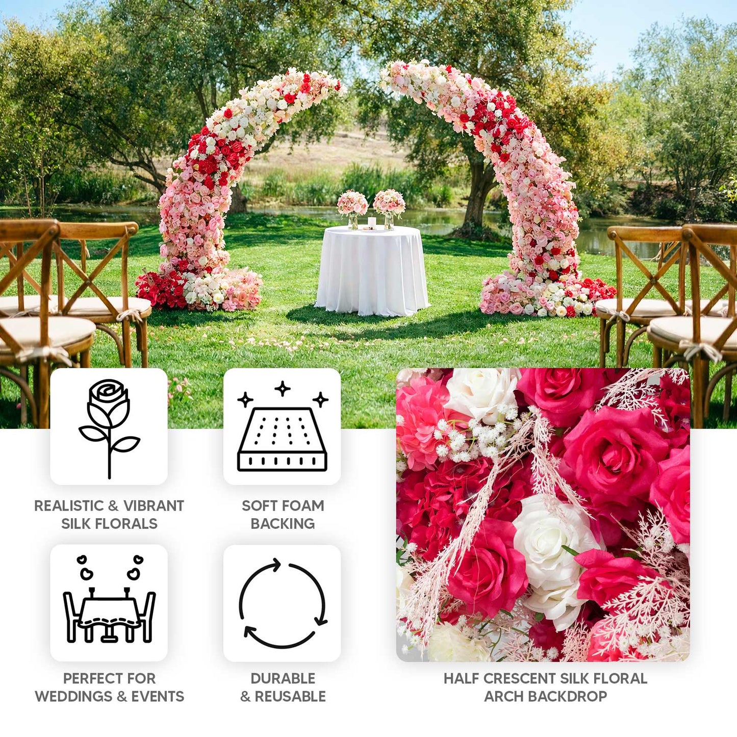 White and pink floral backdrop for wedding arch with roses and hydrangeas.