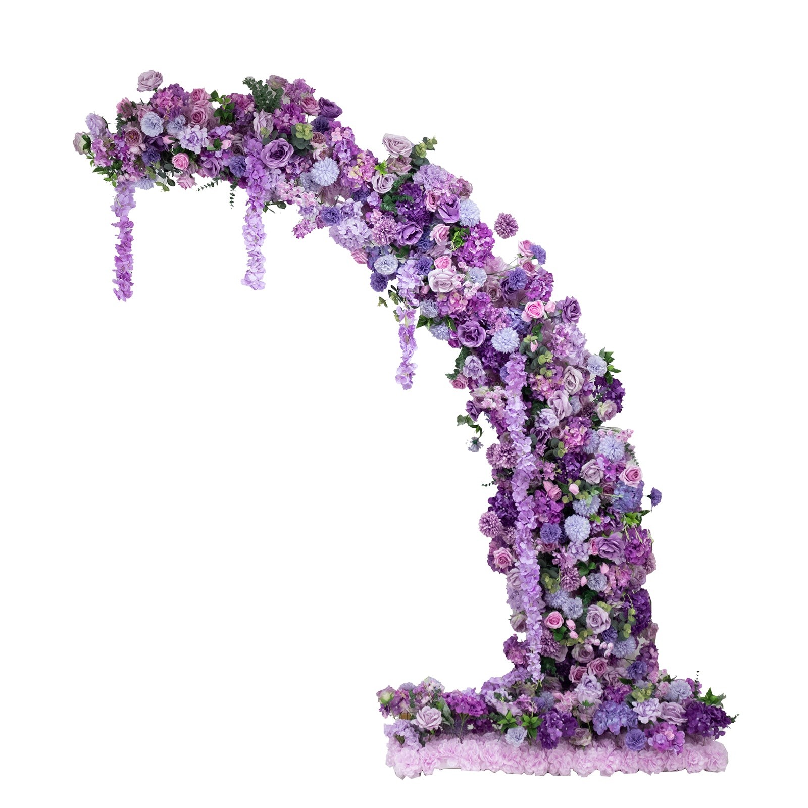 Lavender floral backdrop arch with roses, hydrangeas, and chrysanthemums.