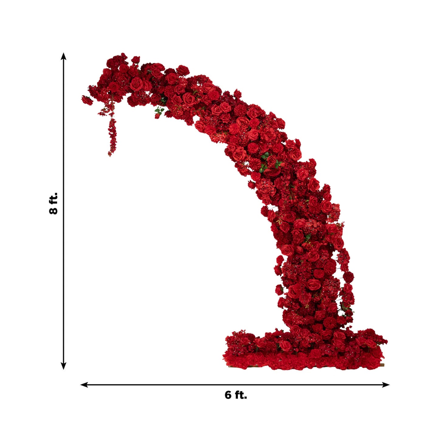 Red floral backdrop for an 8ft half crescent wedding arch with roses and hydrangeas.