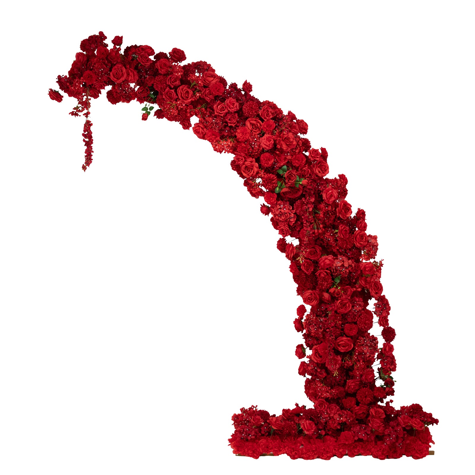 Red floral backdrop for wedding arch with roses, hydrangeas, and chrysanthemums.