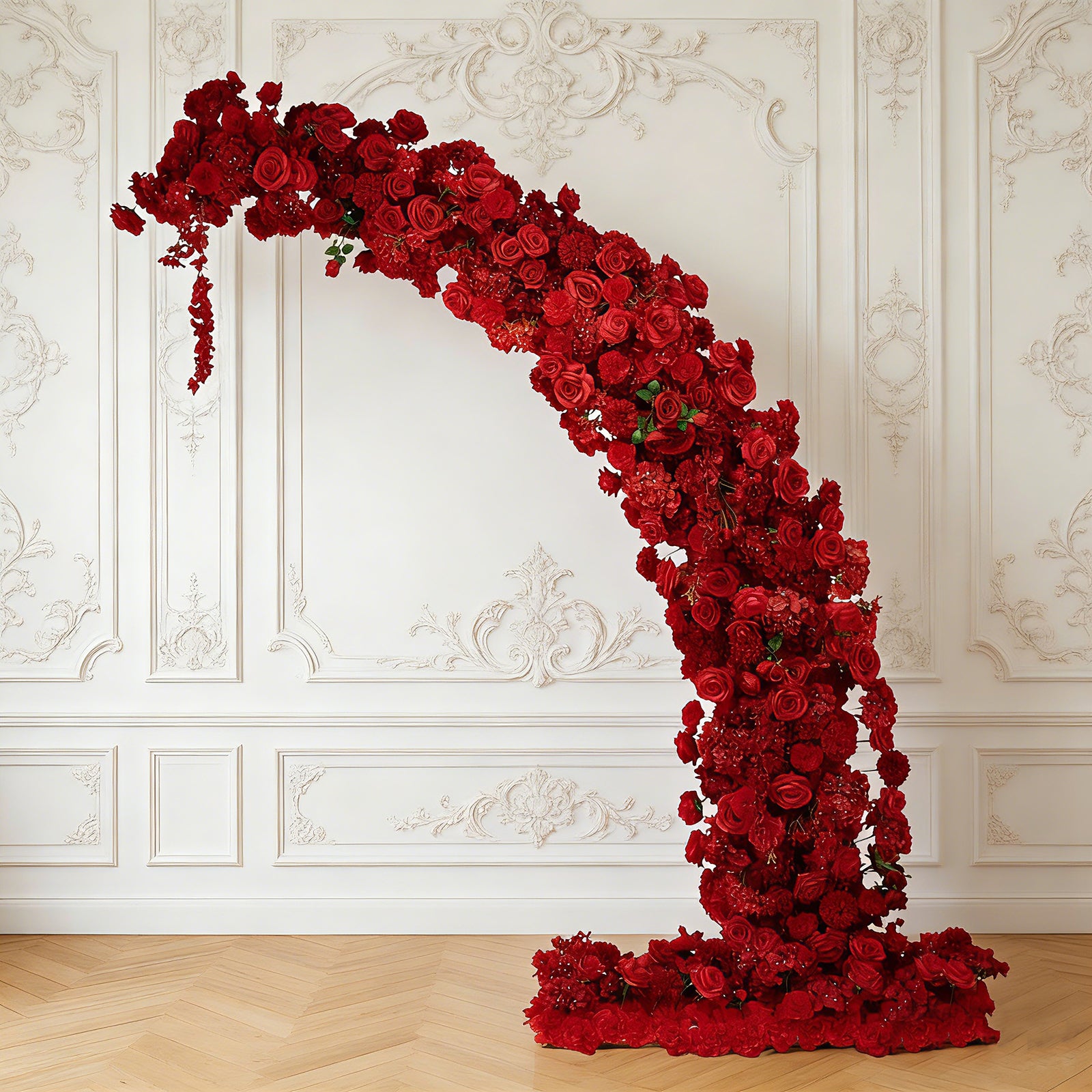 Red floral backdrop for an 8ft half crescent wedding arch with roses and hydrangeas.