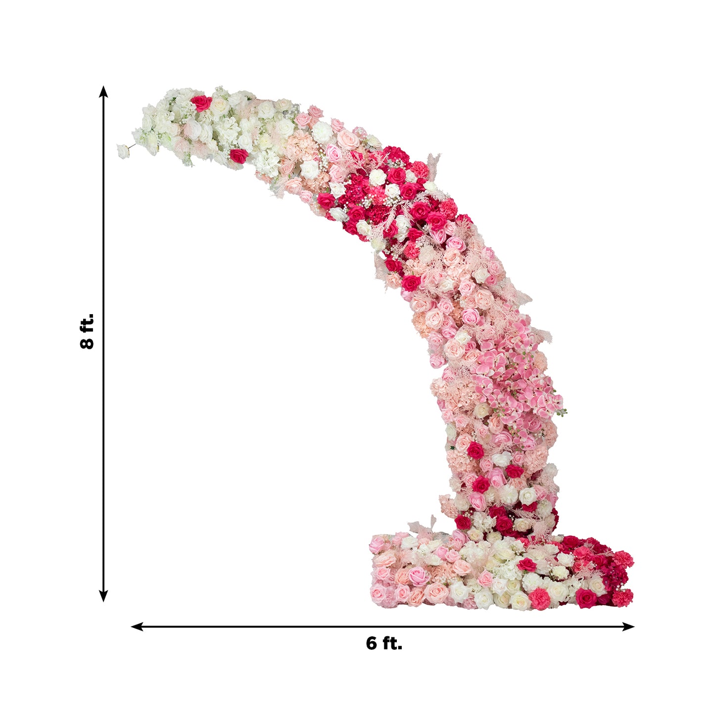 White and pink floral backdrop for wedding arch with roses and hydrangeas.