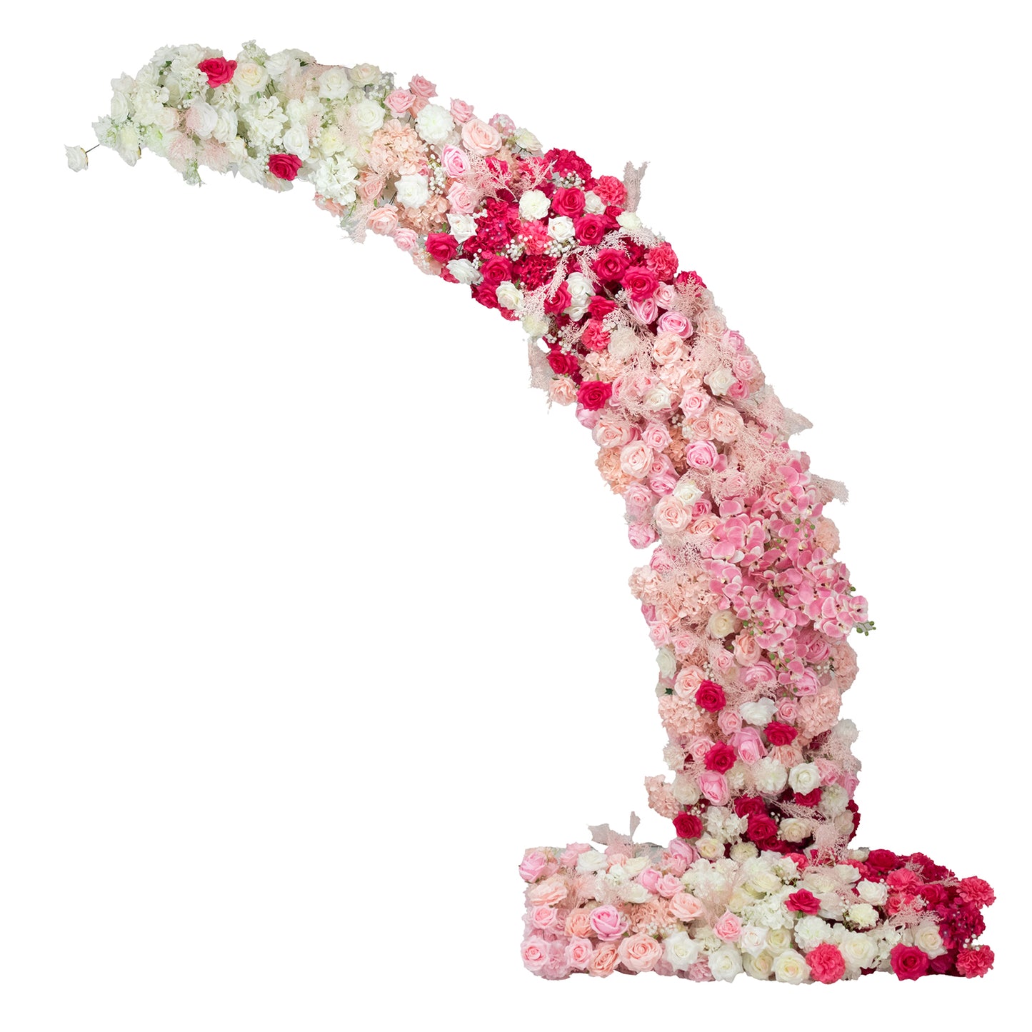 White and pink floral backdrop for wedding arch with roses and hydrangeas.