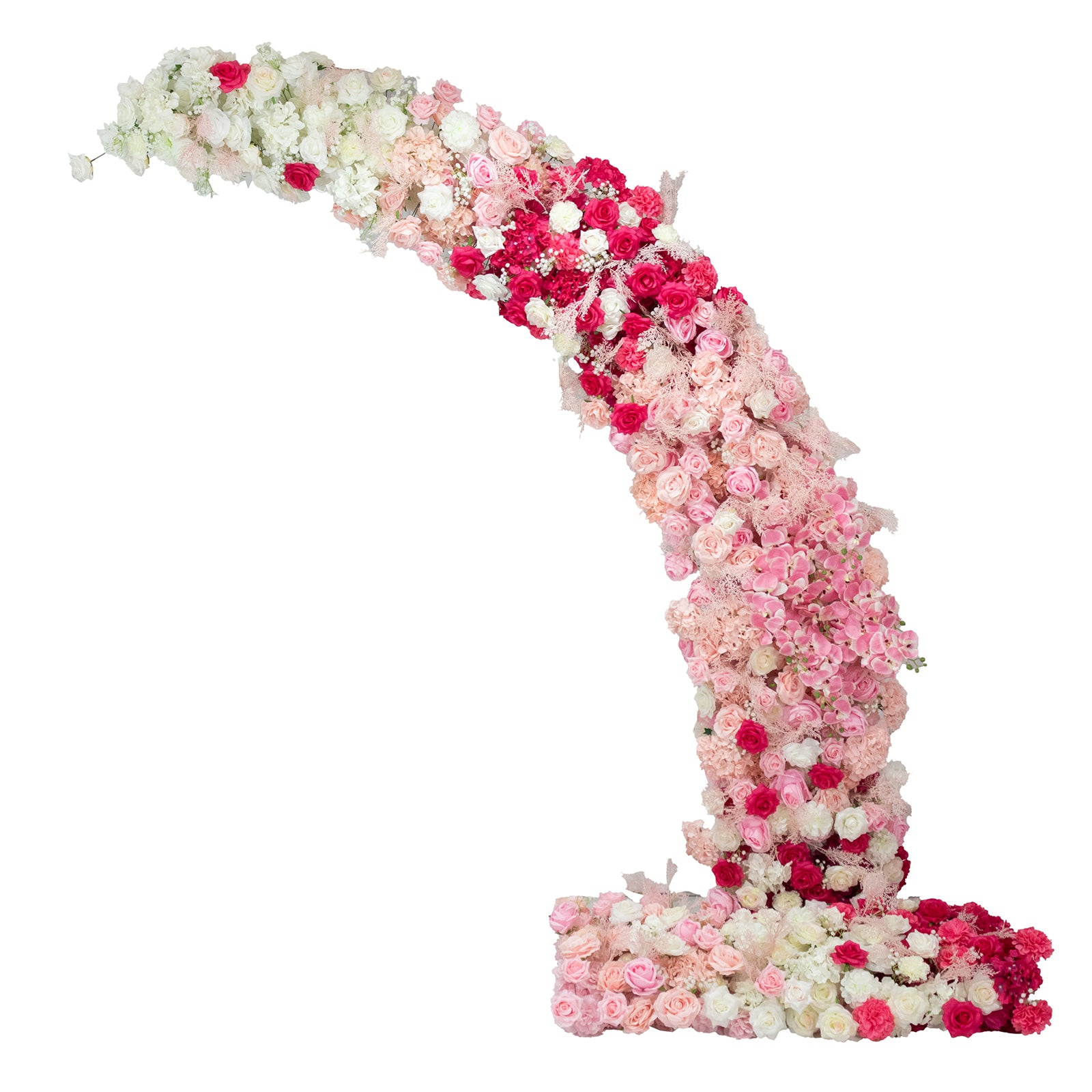 White and pink floral backdrop for wedding arch with roses and hydrangeas.