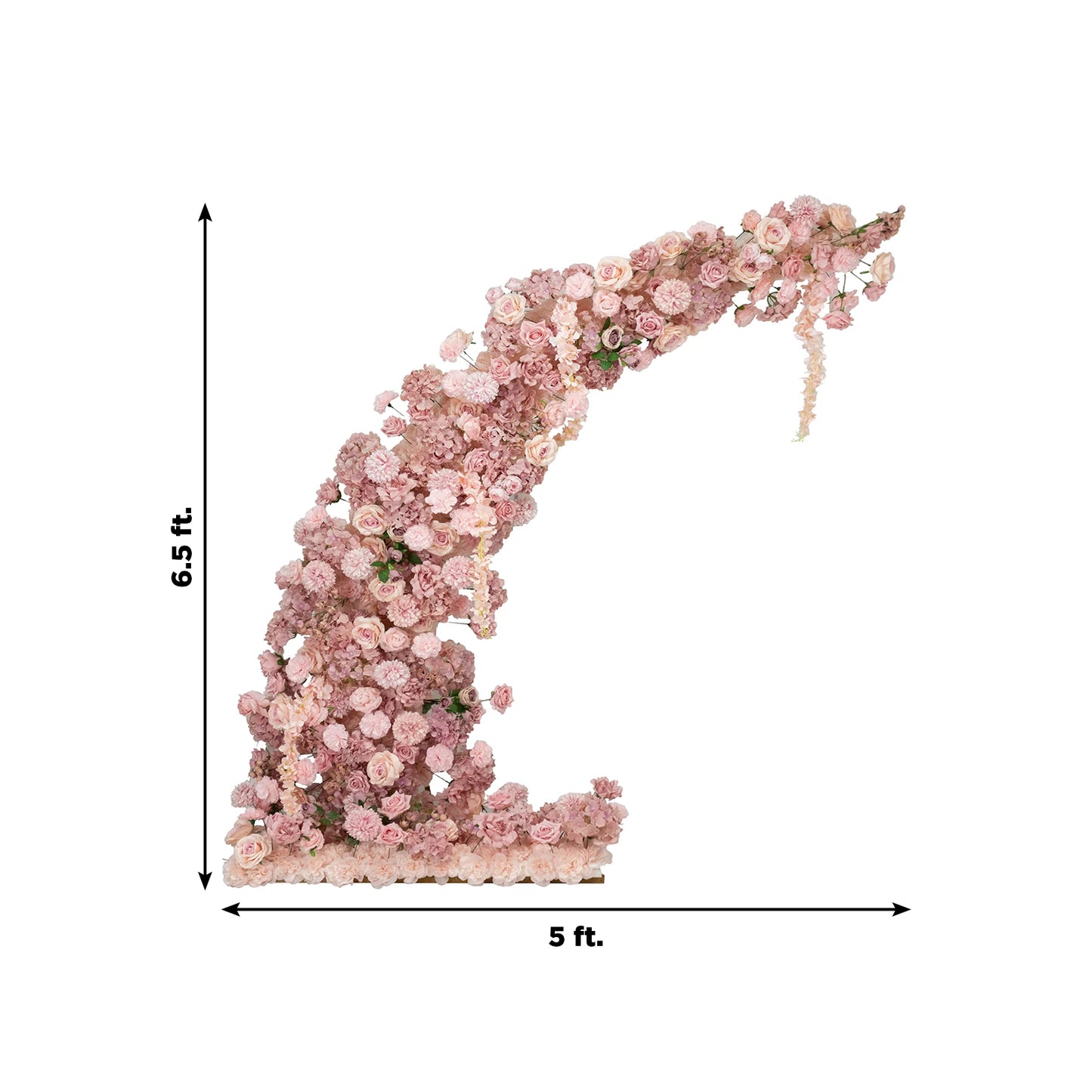 Dusty rose floral backdrop for half crescent wedding arch with roses and hydrangeas.