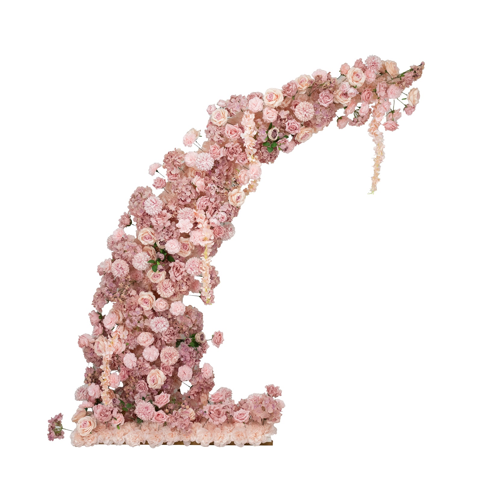 Dusty rose floral backdrop for wedding arch with roses and hydrangeas.