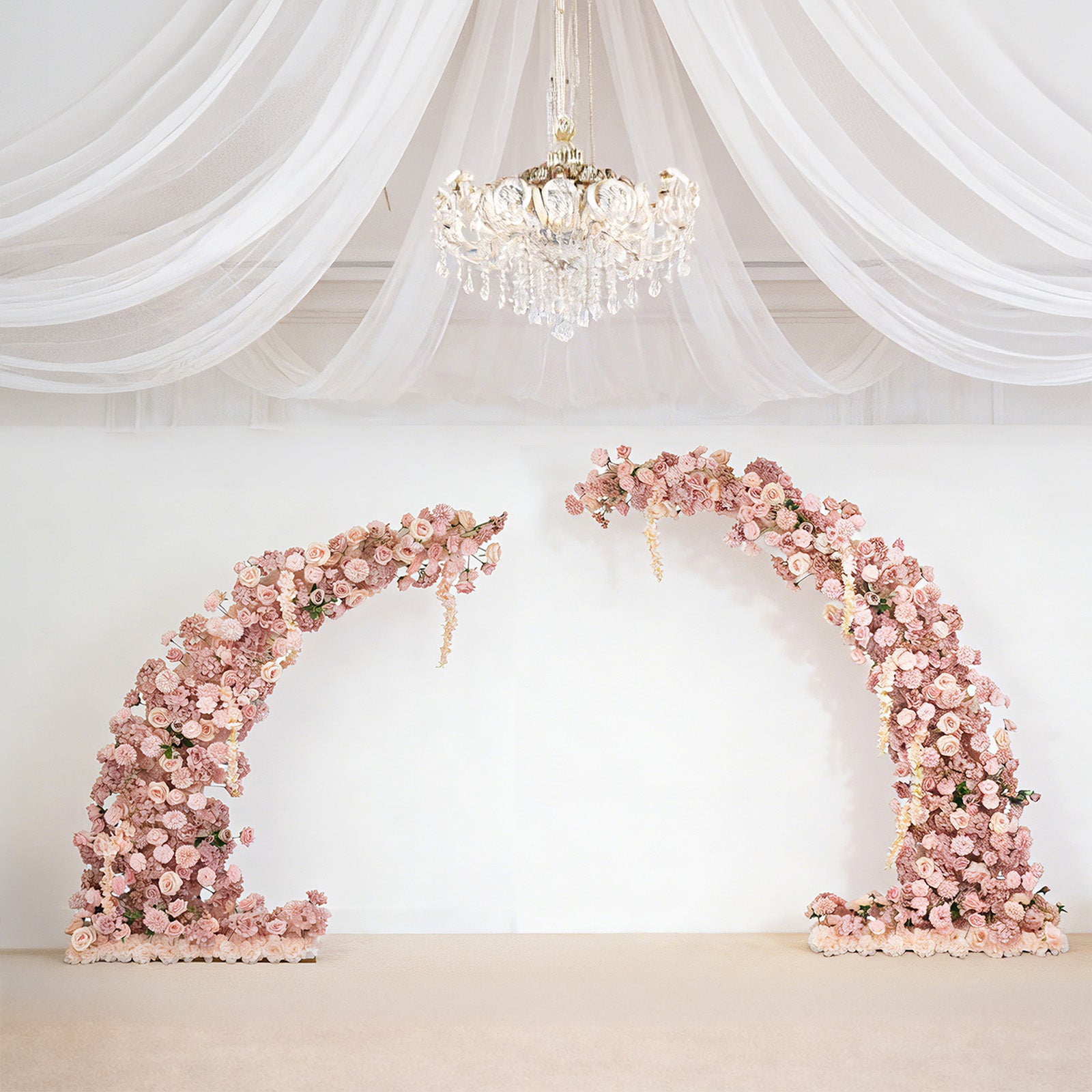 Dusty rose floral backdrop for wedding arch with roses and hydrangeas.