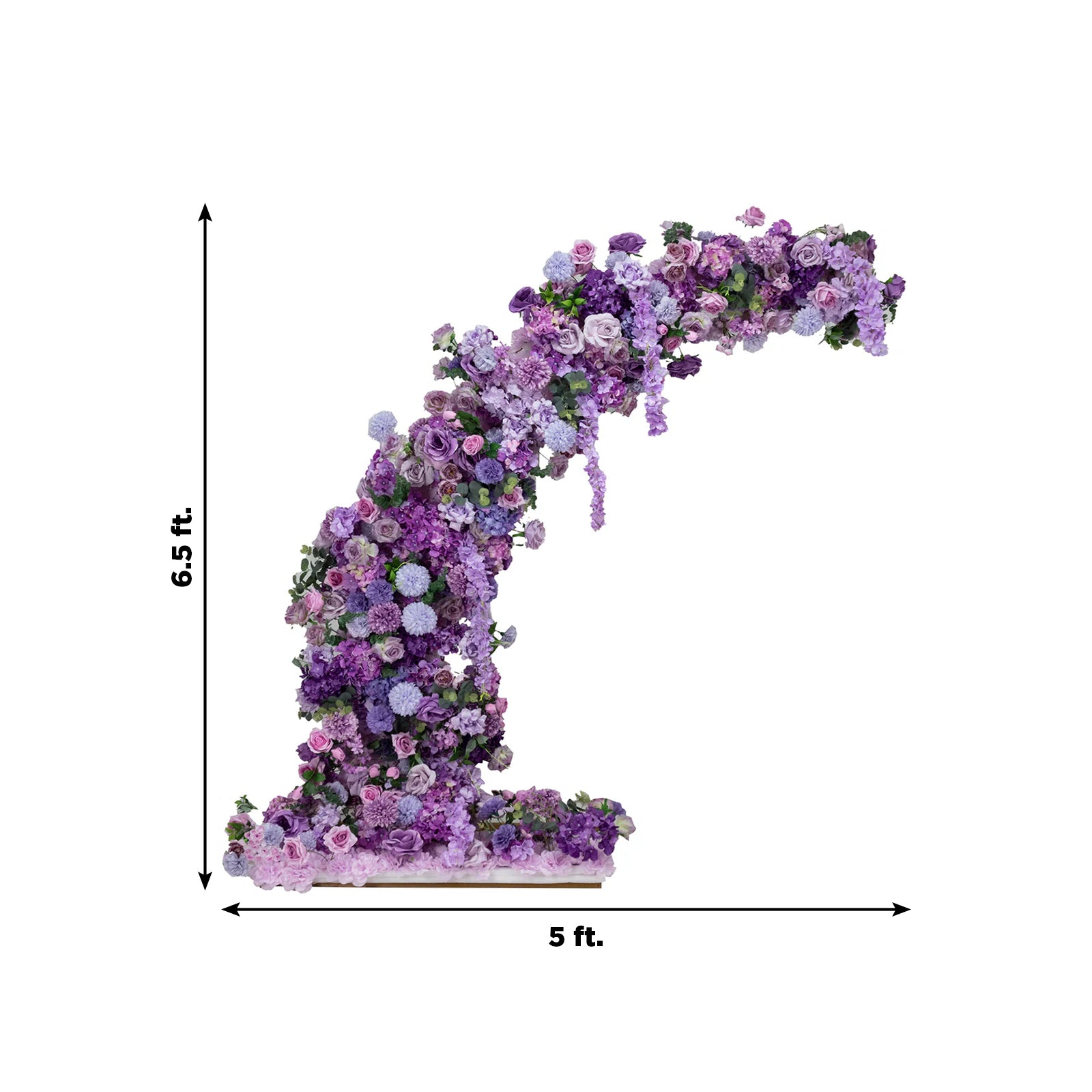 Lavender floral backdrop for a half crescent wedding arch with roses and hydrangeas.