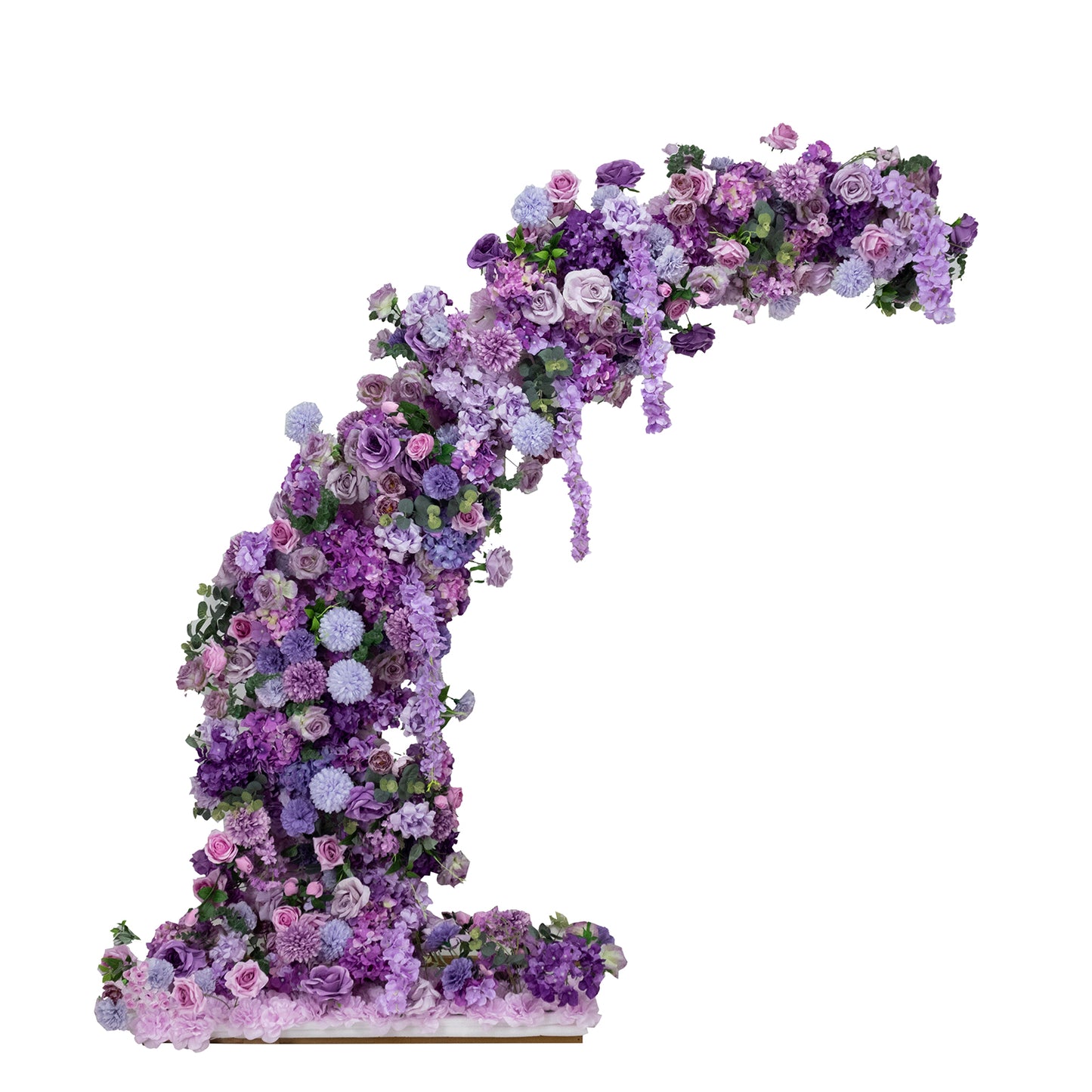Lavender floral backdrop for wedding arch with roses and hydrangeas.