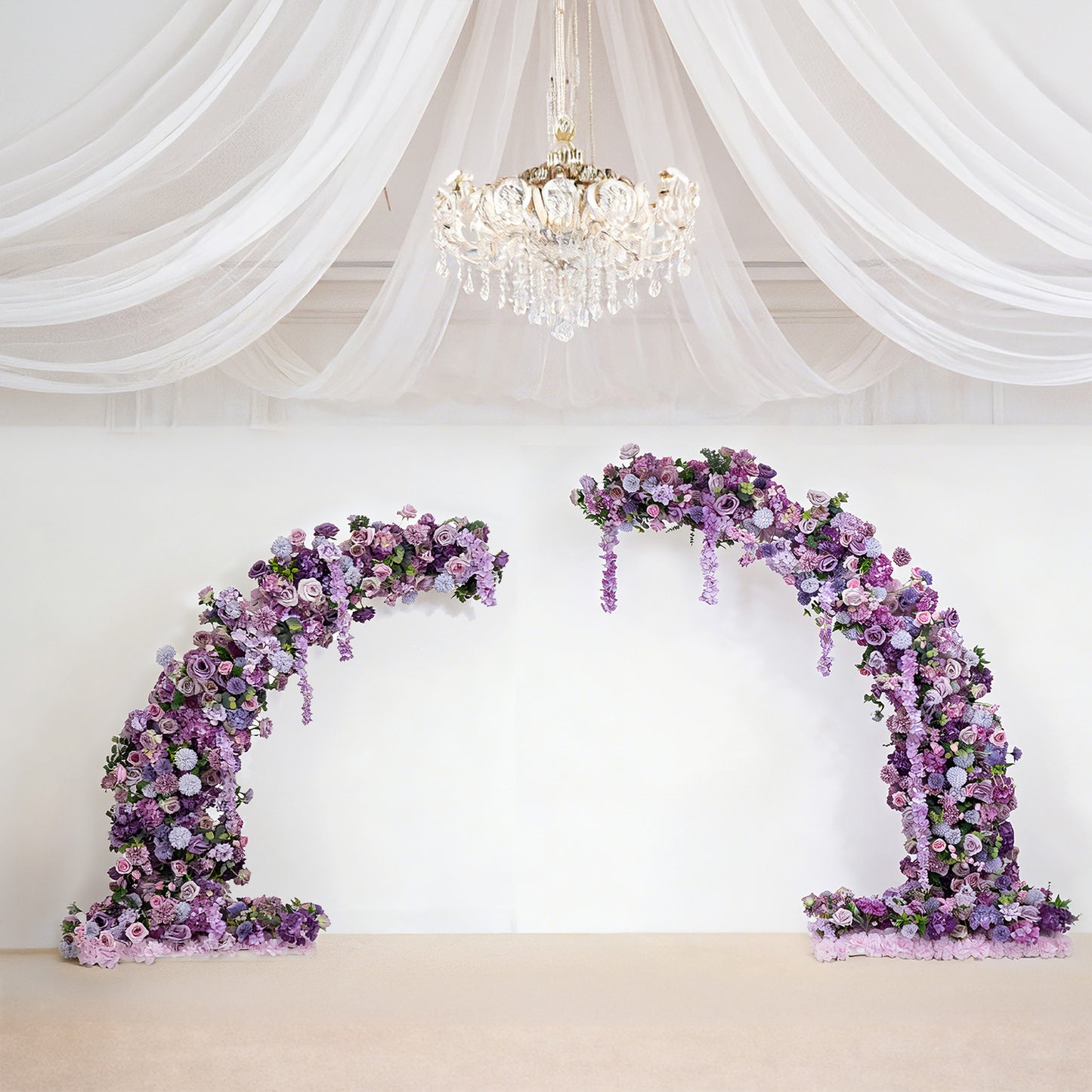 Lavender floral backdrop for wedding arch with roses and hydrangeas.