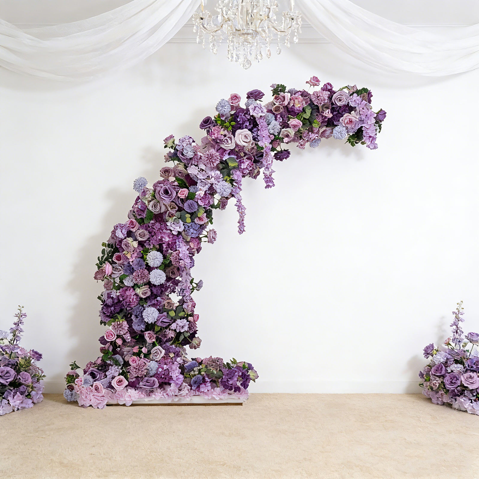Lavender floral backdrop arch with roses, hydrangeas, and chrysanthemums.